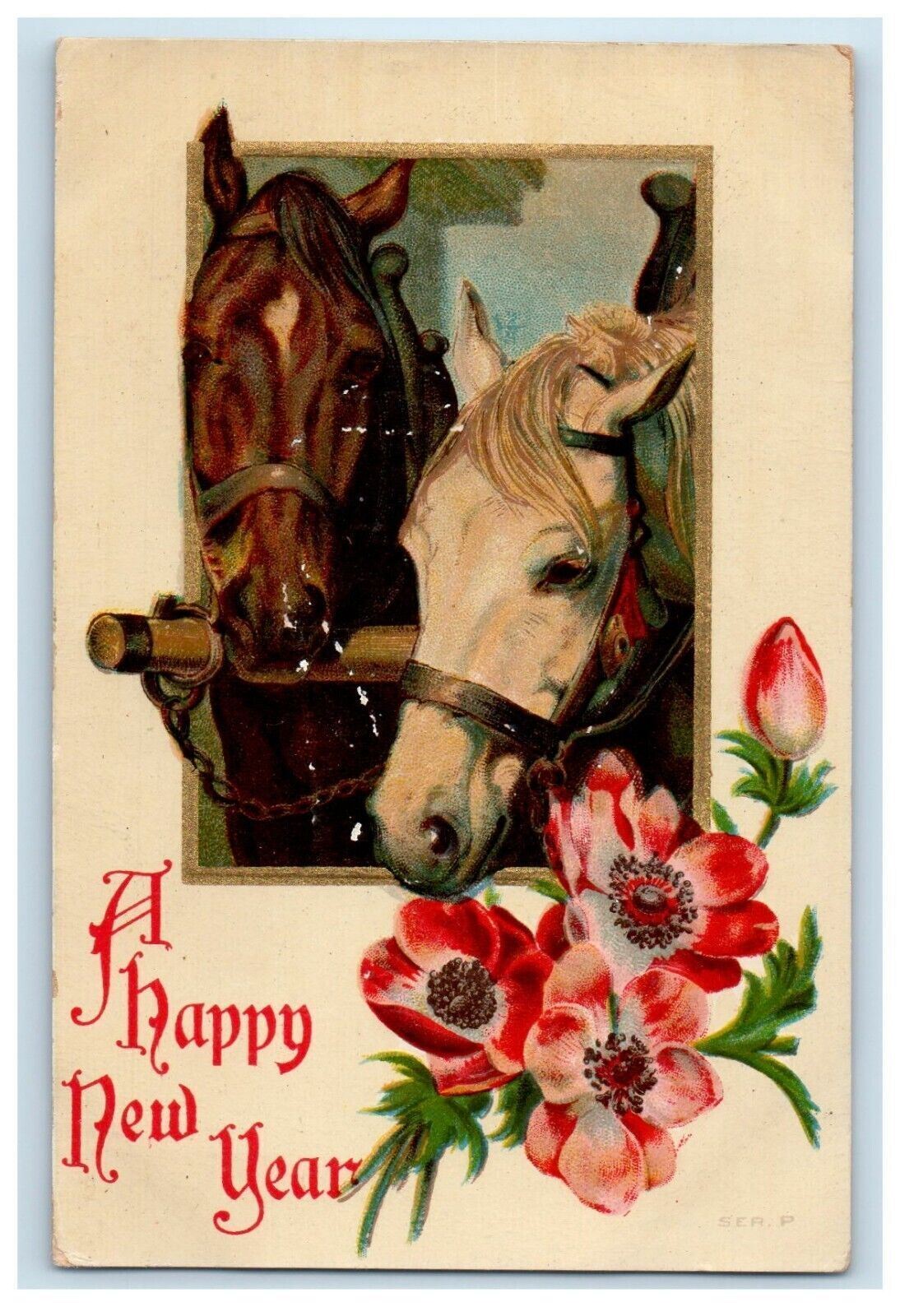 1911 Happy New Year Two Donkey Heads Flowers Embossed Posted Antique Postcard