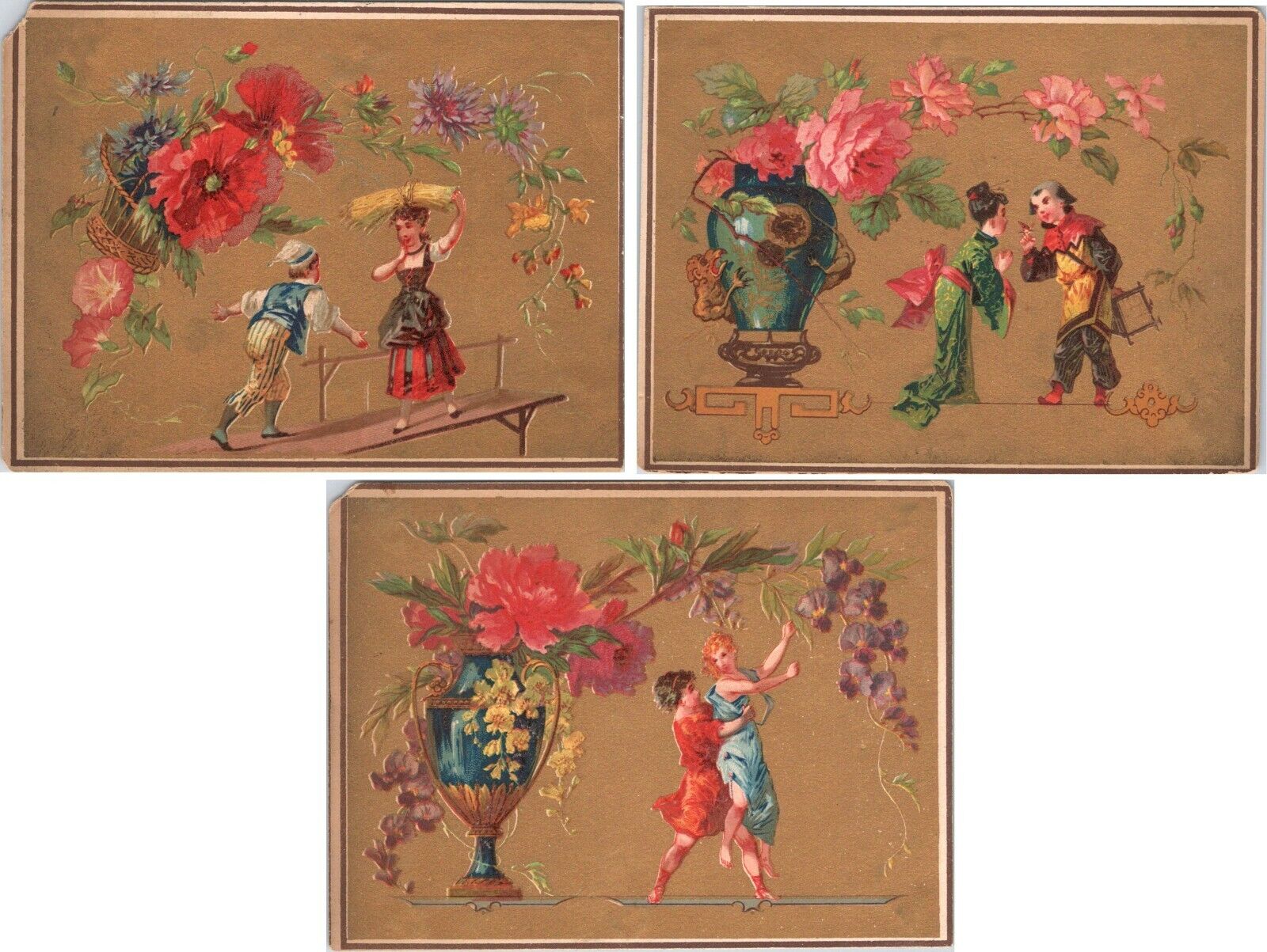 c1880s Antique Victorian Lot of 3 Gold Floral Trade Cards each w Cultural Theme