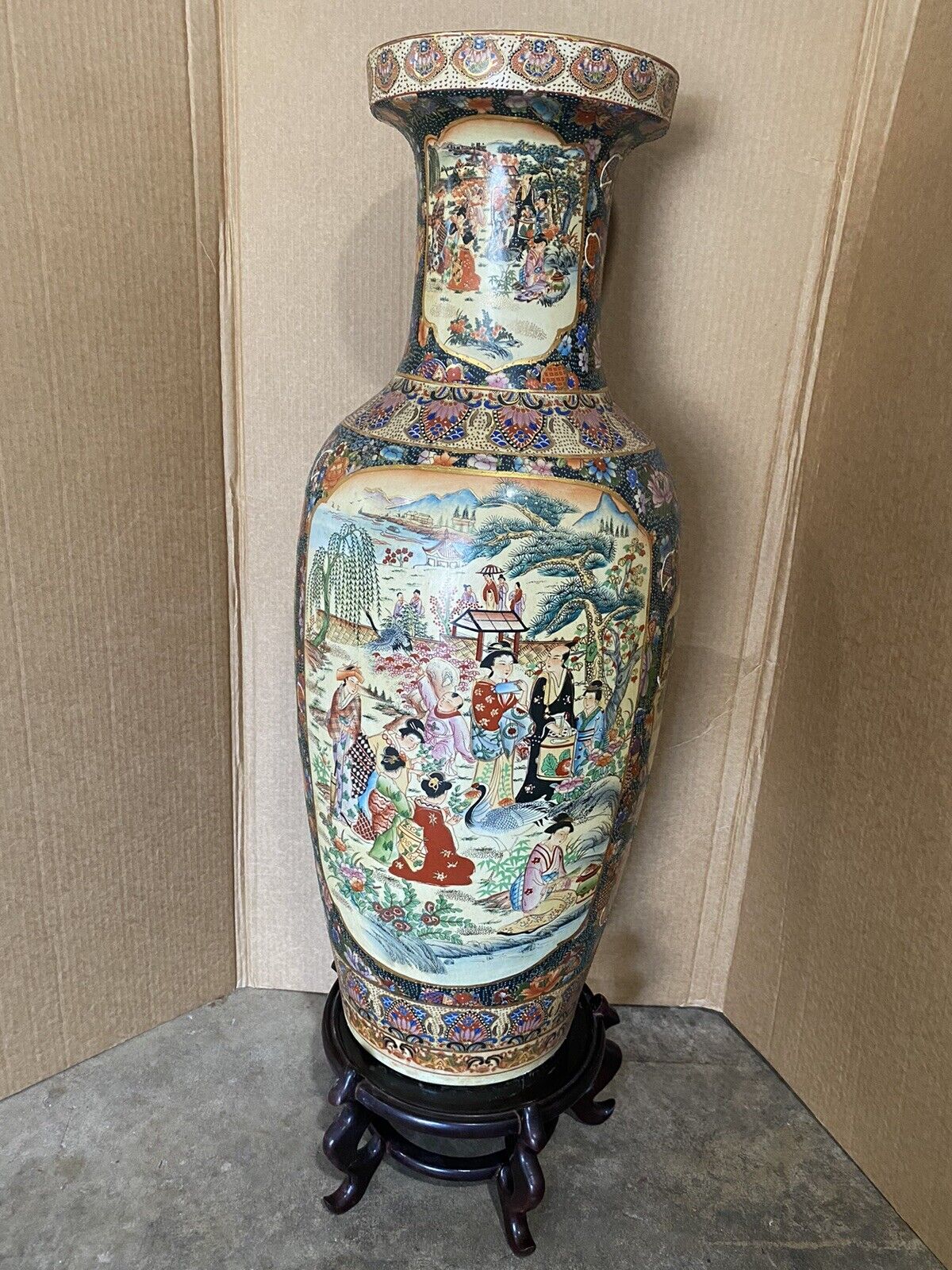 Antique Japanese Royal Satsuma Moriage Vase Women Children Flowers 36 Inches