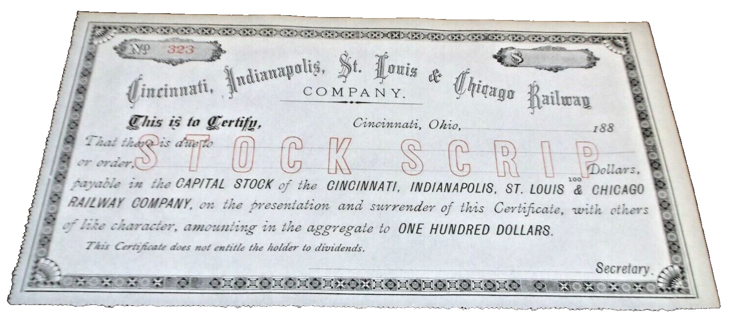 1880's CINCINNATI INDIANAPOLIS ST. LOUIS & CHICAGO RAILWAY LATER BIG FOUR NYC 
