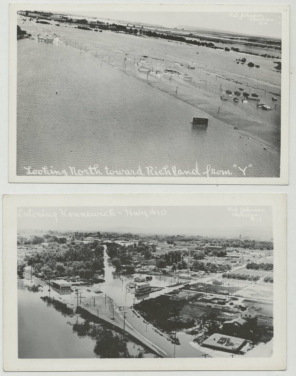 Tri-Cities Washington (2) RPPC 1948 Flood; Richland from “Y” & Hwy 41 Kennewick
