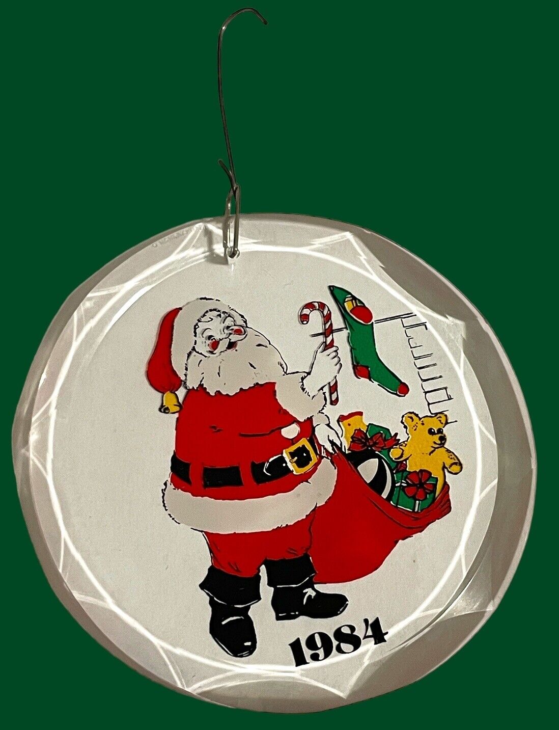 Vintage 80s Christmas Ornament Round Santa Holding Sake Clear Acrylic Red Green