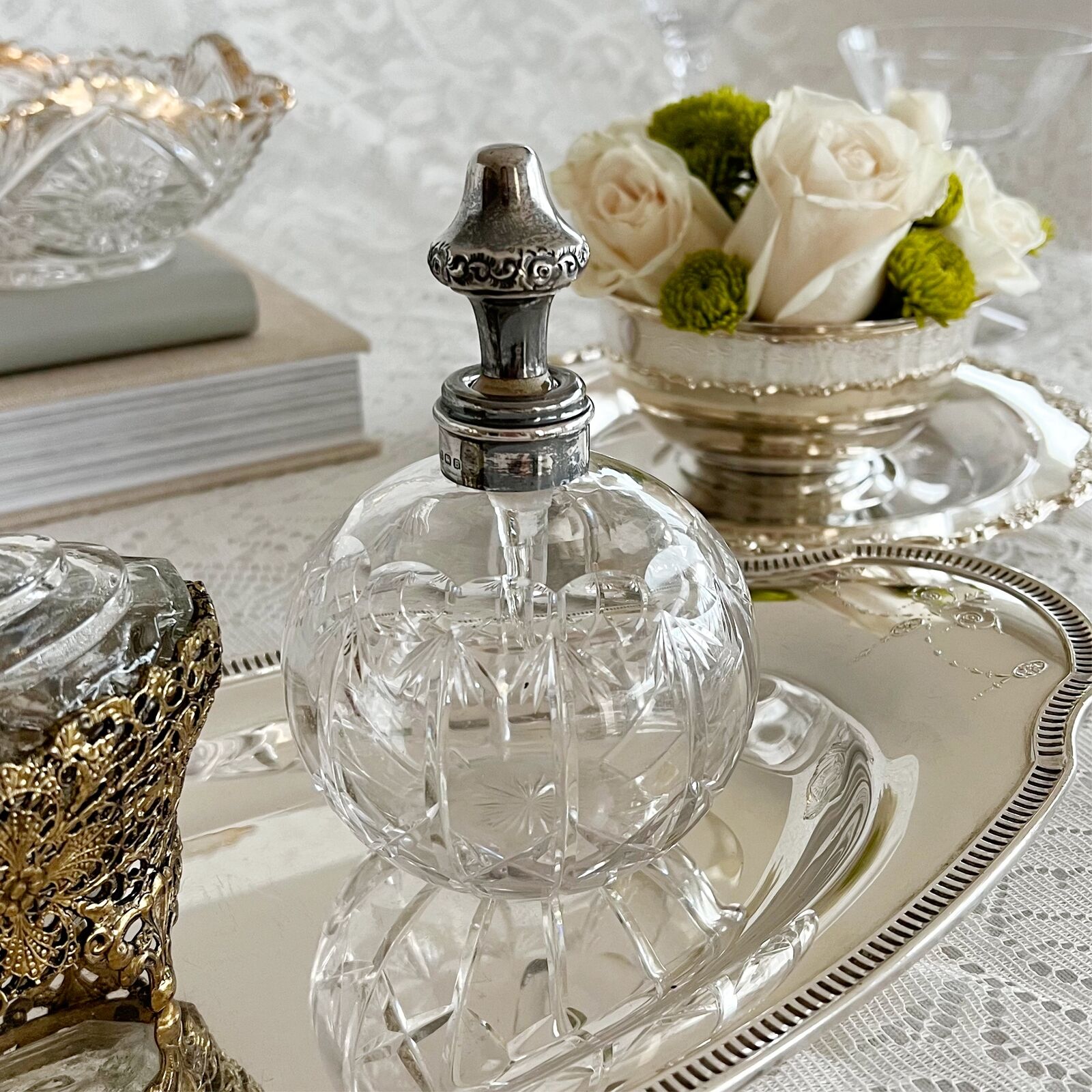 Antique English Crystal Perfume Bottle With Silver-Plated Lid