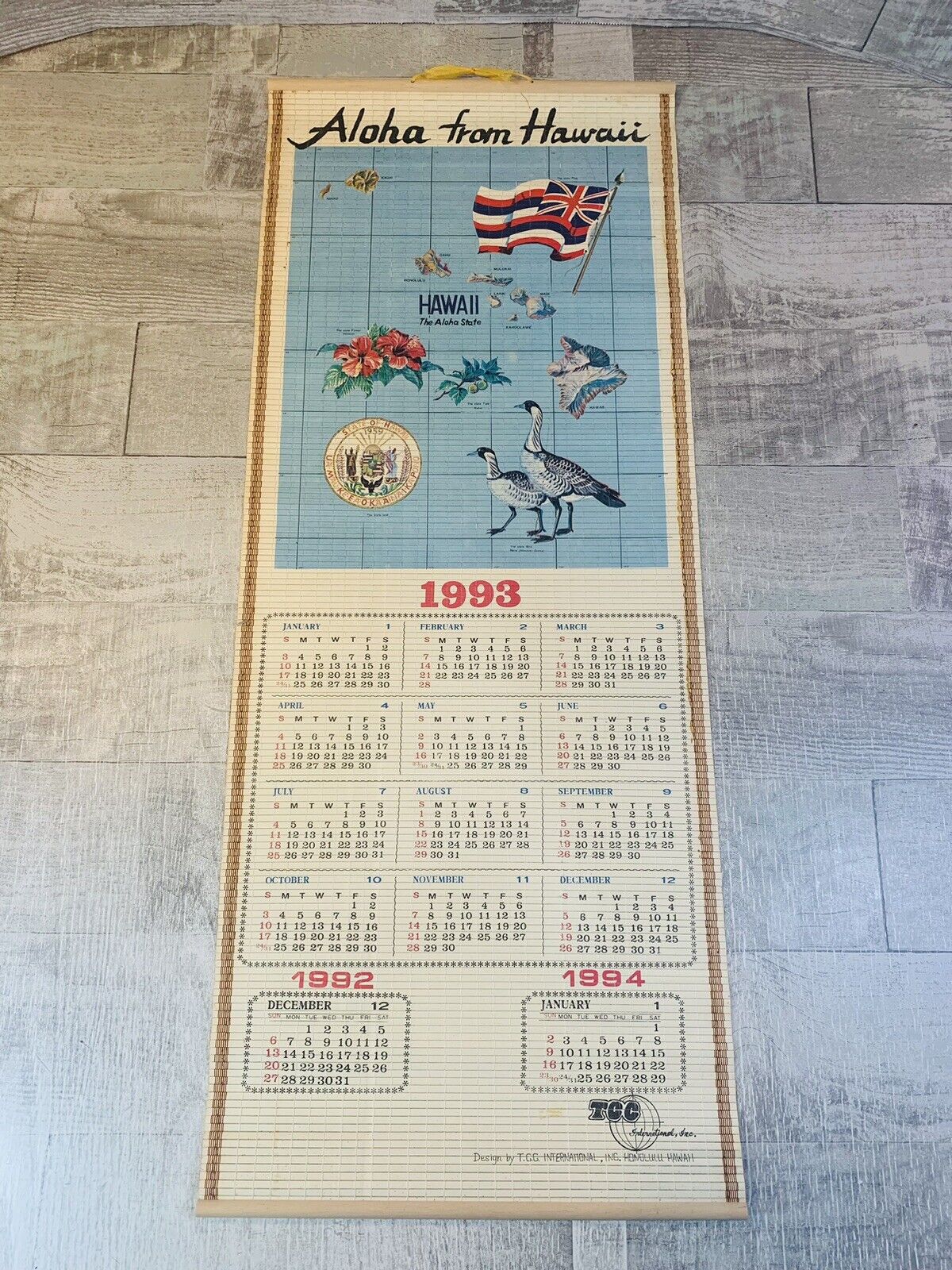 Vintage 92/93 Hawaii Flowers Sunset Souvenir Bamboo 2 Sided Wall Calendar Tiki