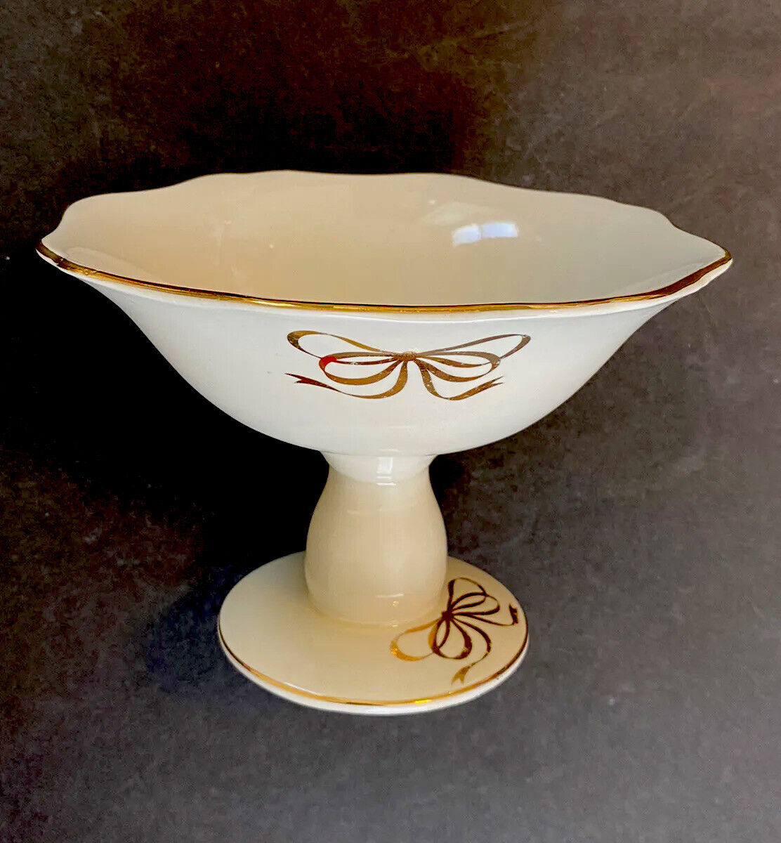 VTG Porcelain Pedestal Candy Dish Bowl Gold Gilt Ribbons Decorative Cream