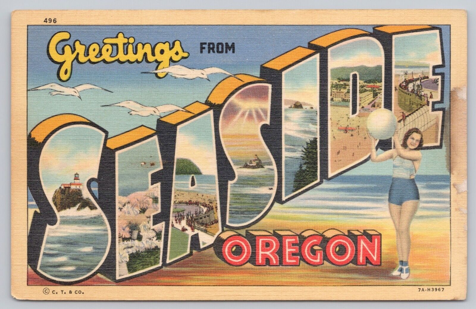 Seaside Oregon, Large Letter Greetings, Girl Beach Ball, Vintage Postcard