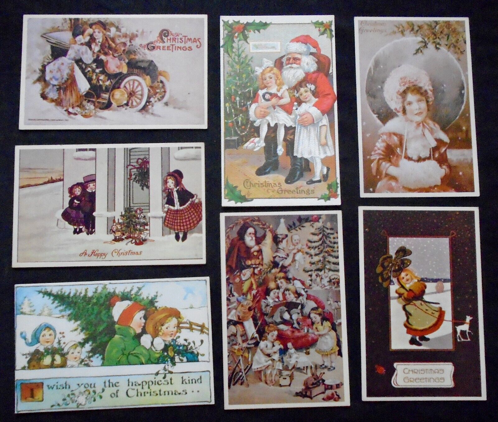 Lot (7) Christmas, modern reproductions, 2 Santas