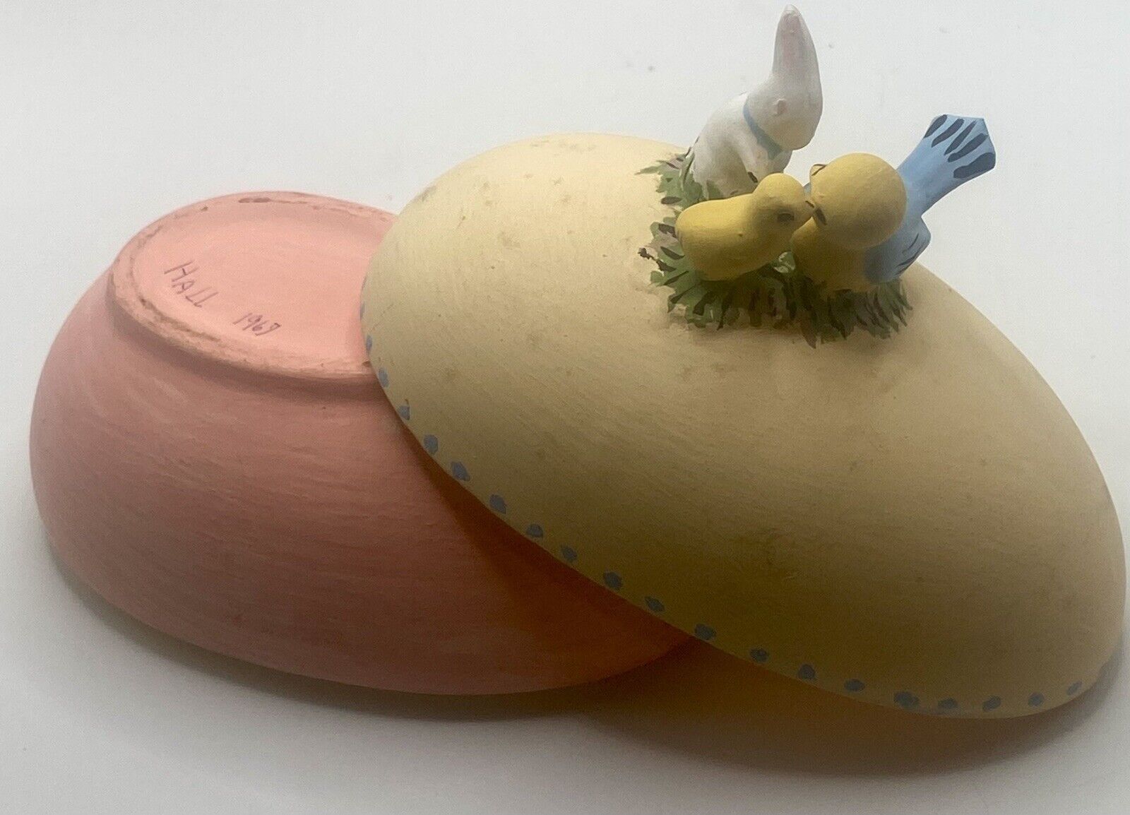 Vintage Hand Painted Egg Shaped Porcelain Trinket Box Easter Decor Dated 1967