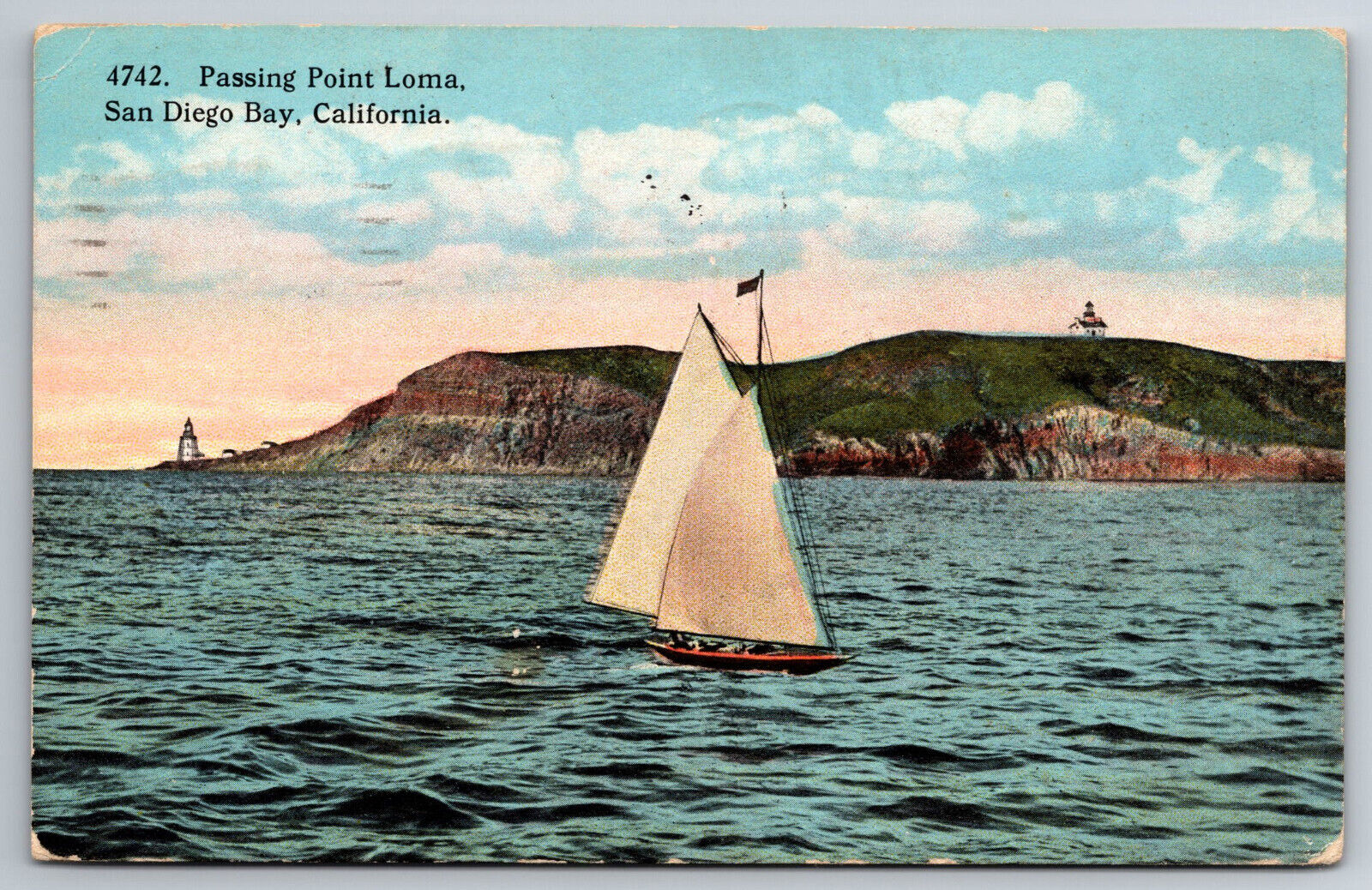 Vintage Postcard CA San Diego Bay Passing Point Loma Sailboat c1921 -4040