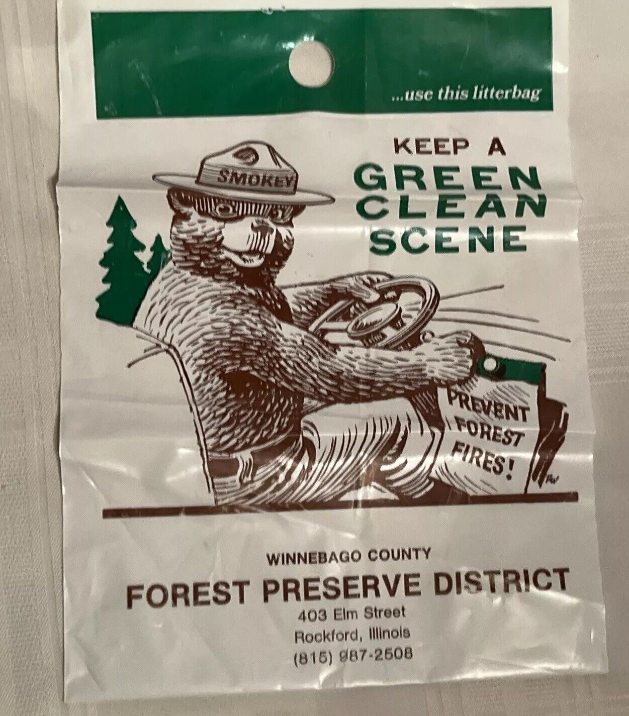 Vintage Keep A Green Clean Scene Plastic Bag 12X9 Smokey the Bear Rockford Il