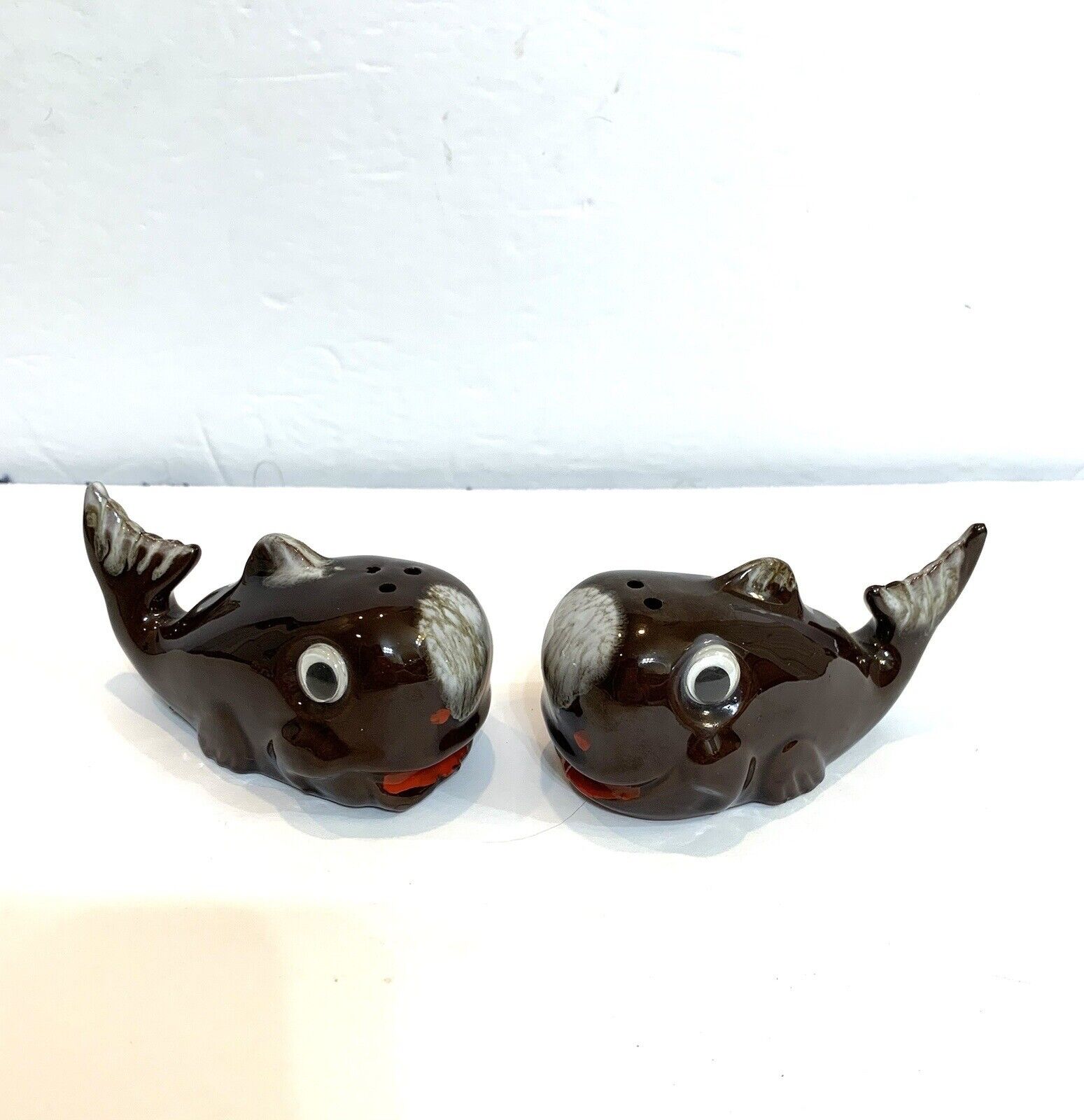 Vintage Whale Salt and Pepper Shakers Googly Wiggly Eyes Japan