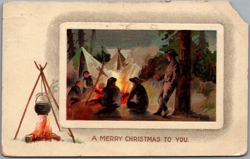 Vintage MERRY CHRISTMAS Embossed Postcard Campfire / Camping Scene - 1909 Cancel
