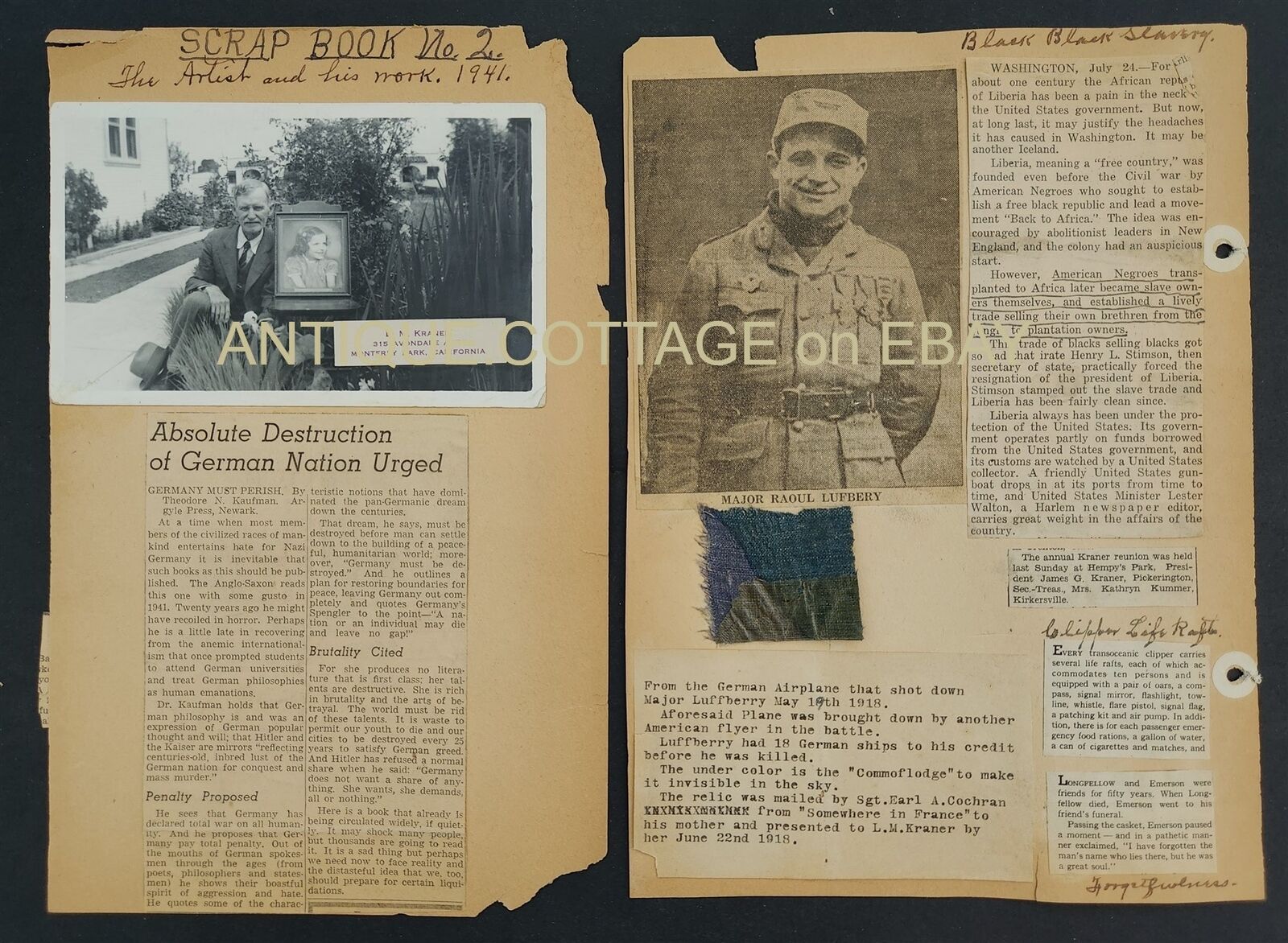 1918 antique WWI MAJOR RAOUL LUFBERY scrapbook article GERMAN PLANE fabric RELIC