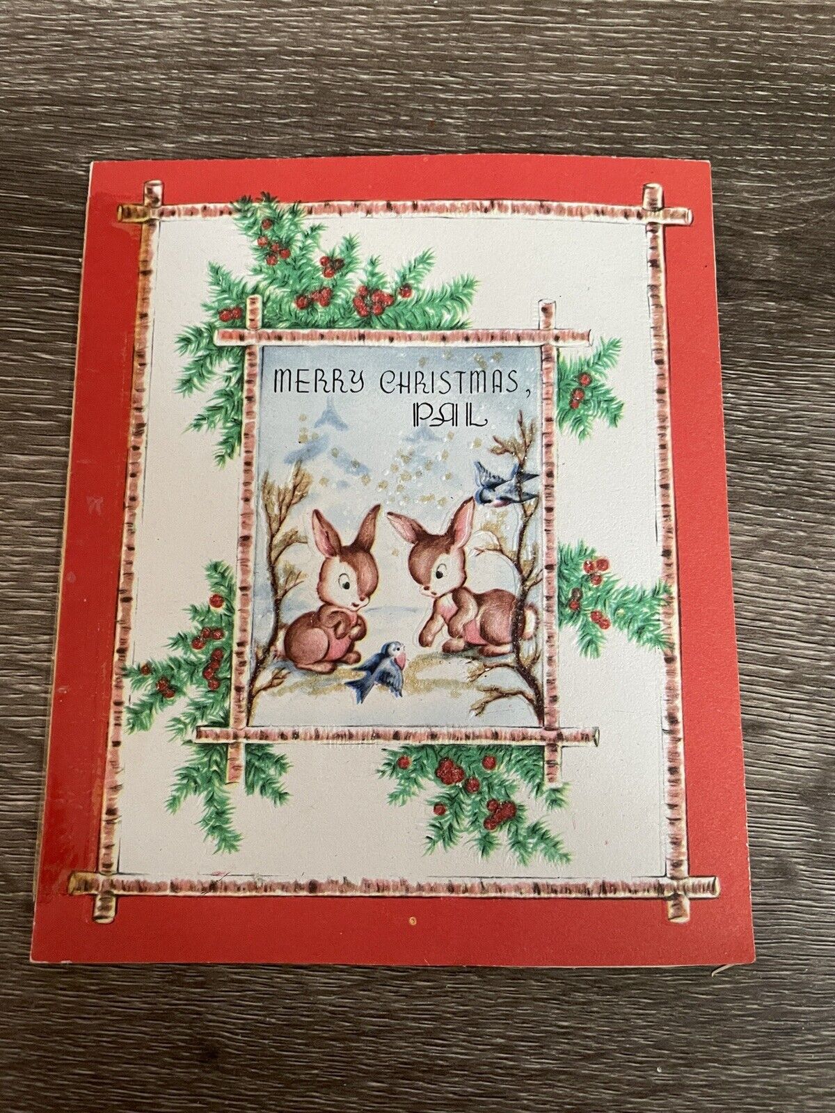 Vintage Christmas Card To Pal Bunnies In Snowy Forest, Used