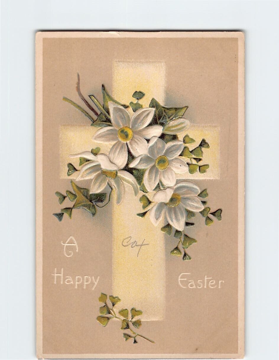 Postcard A Happy Easter with Flowers Cross Embossed Art Print