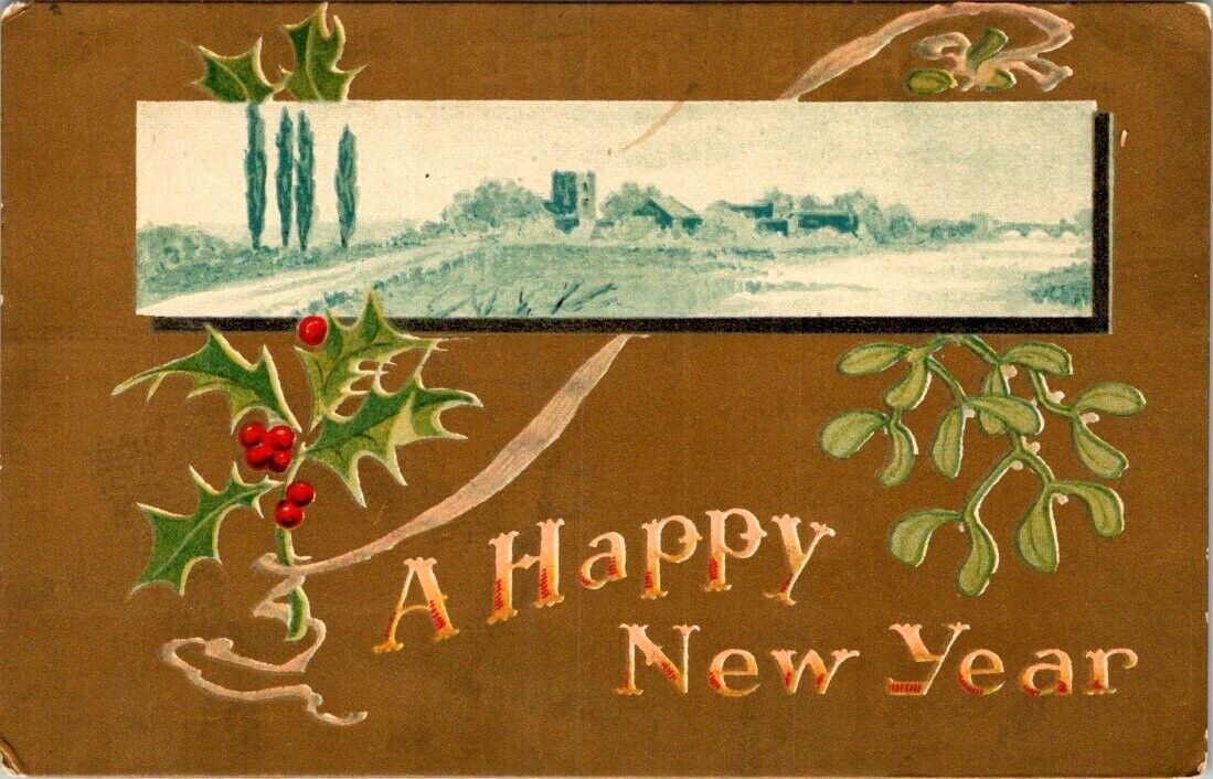 vintage postcard - A HAPPY NEW YEAR holly and mistletoe unposted c1900s