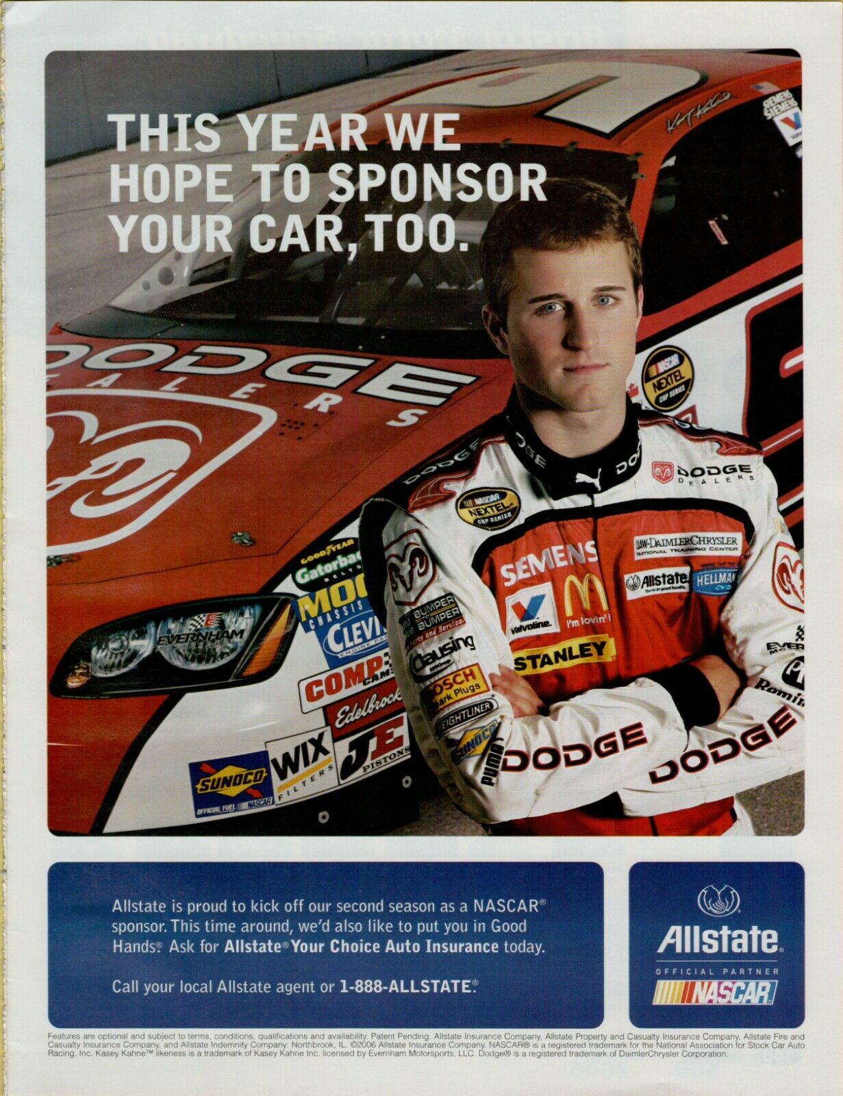 2006 Allstate NASCAR Sponsor Kasey Kahne #9 Dodge Race Car Vintage Print Ad