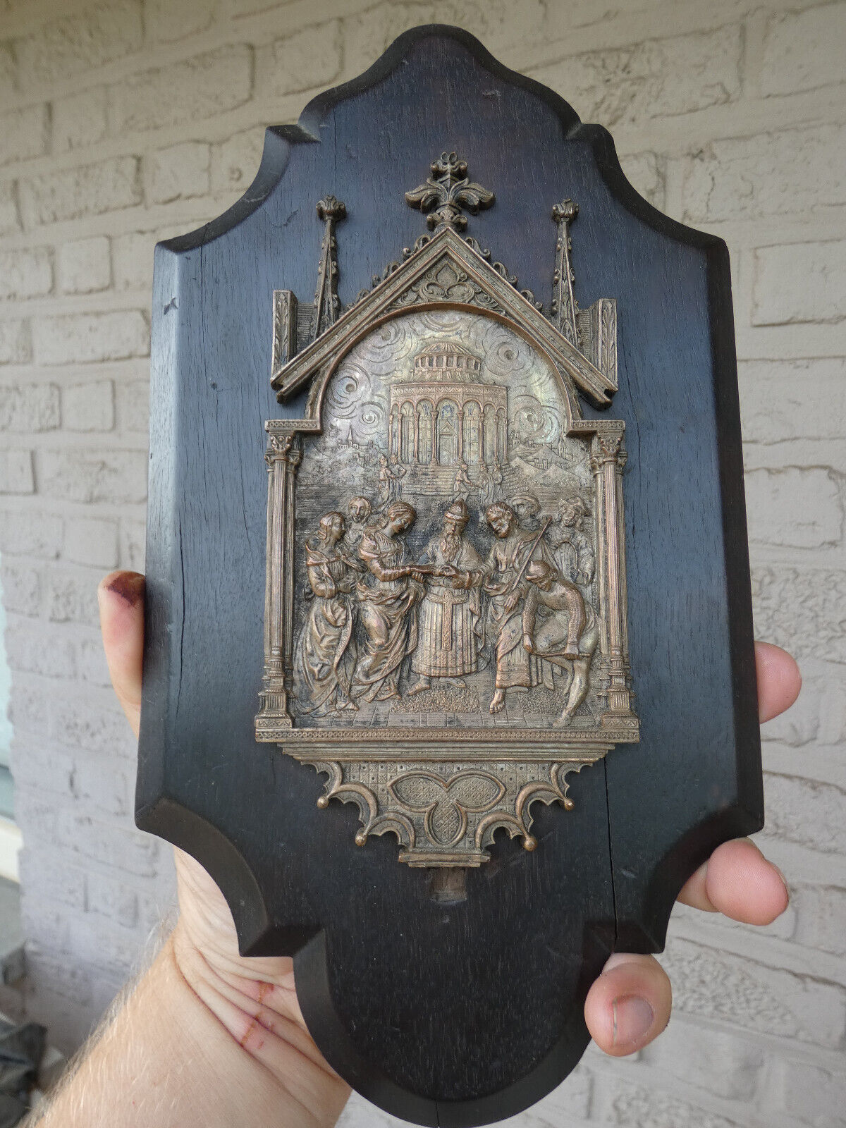 Antique Religious wall plaque napoleon III periond wood spelter bronze marriage
