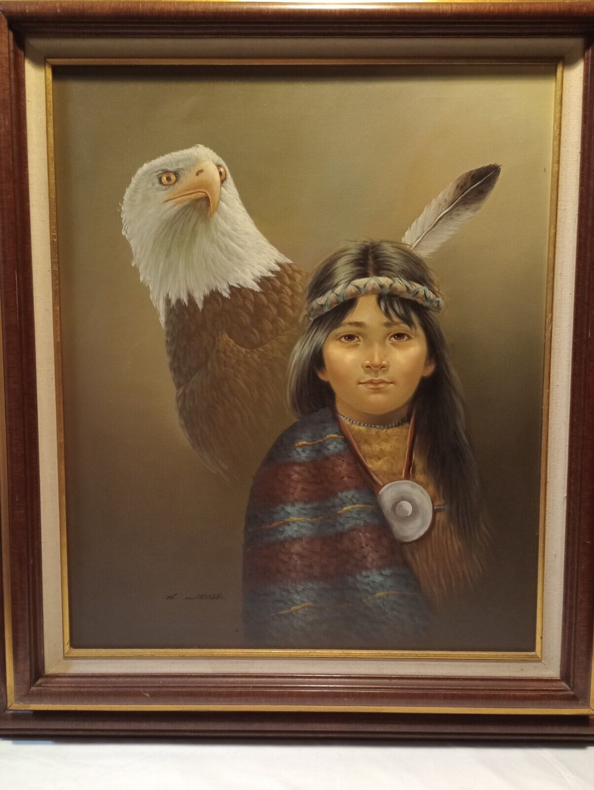 K Jesser 16x20  Native American Oil Painting. Girl With Bald Eagle