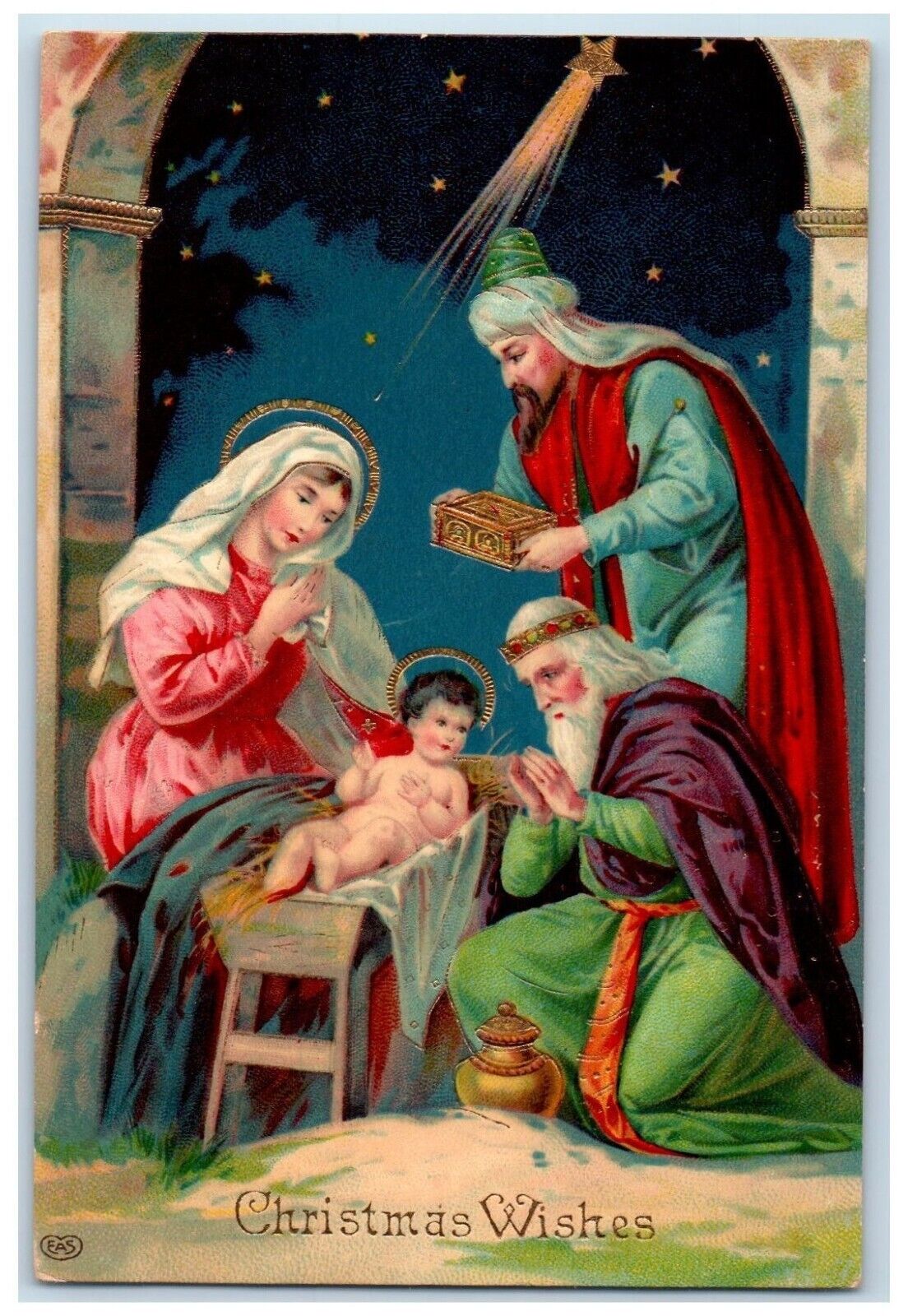 c1910's Christmas Wishes Mary Religious Gel Gold Gilt Embossed Antique Postcard