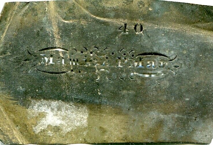 19TH CENTURY SMALL TIN CALLING CARD  STENCIL MAMIE A P MAR 2 1/2 X 1 1/2 INCHES