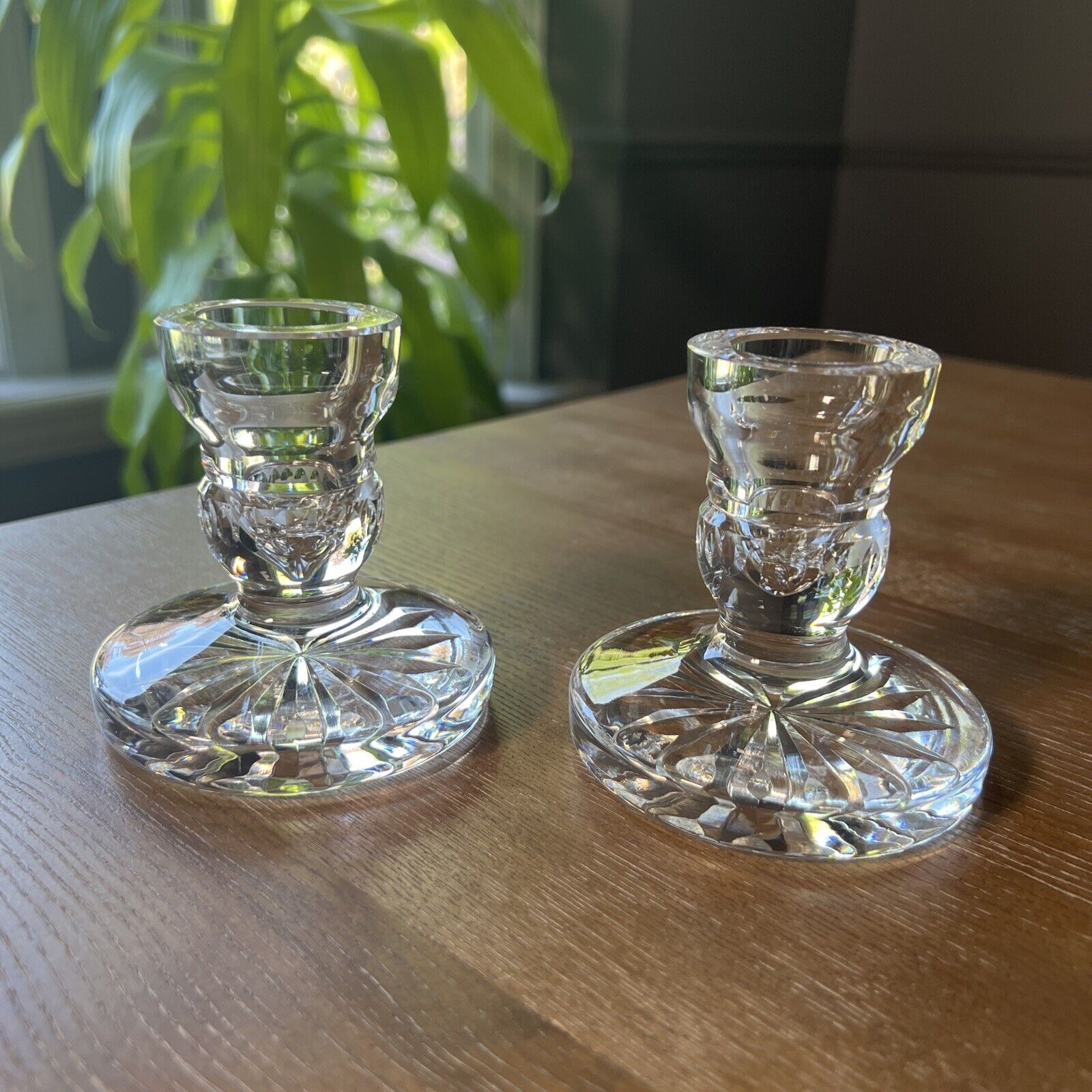 Vintage Pair of Waterford Blarney Short Pillar Candle Holders - Glass Crystal