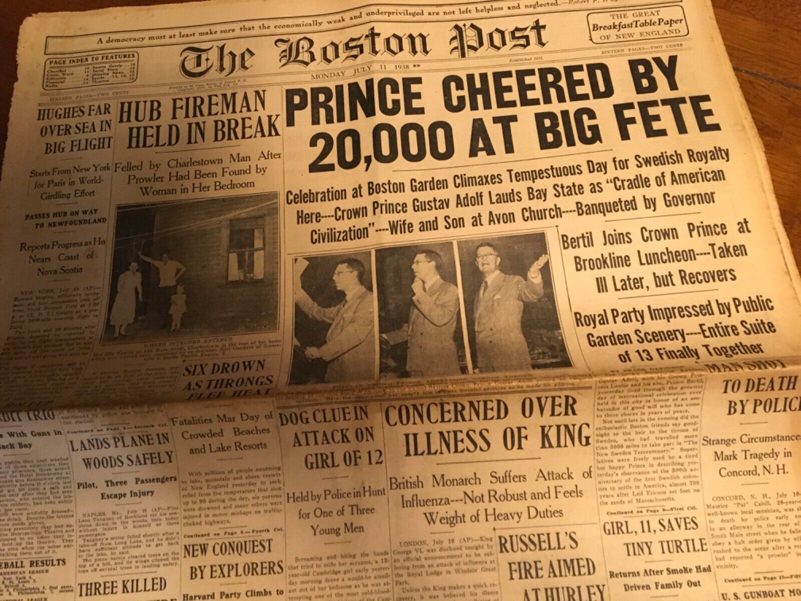 BOSTON POST NEWSPAPER JULY 11 1938. PRINCE CHEERED BY 20,000 AT BIG FETE.