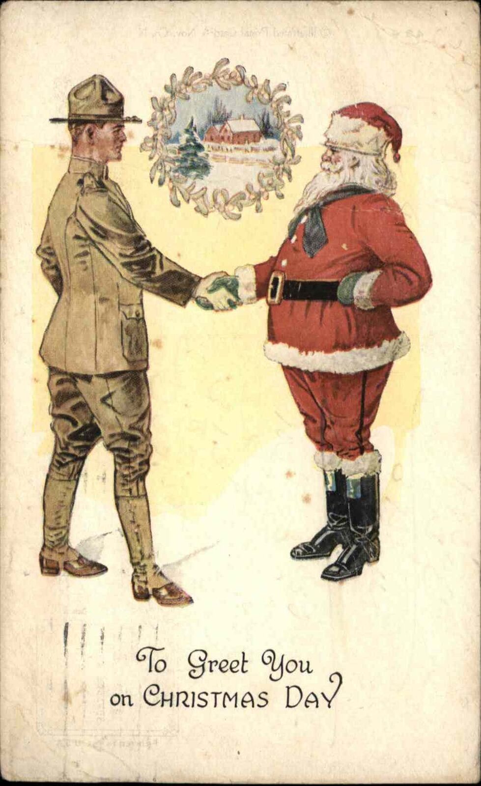WWI Christmas Soldier Shakes Hands with Soldier Propaganda Vintage PC