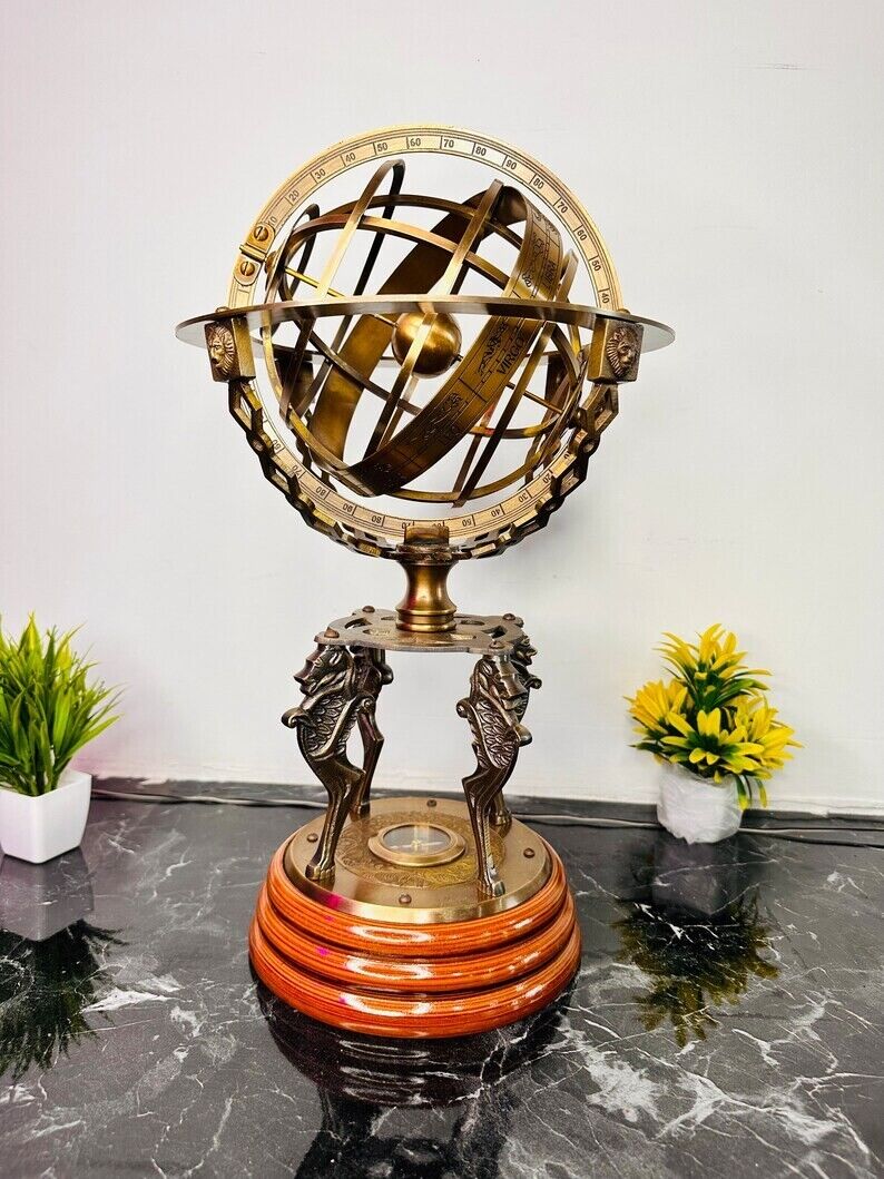 18 inch Brass Armillary With Working Compass, Lion Brass Armillary Sphere