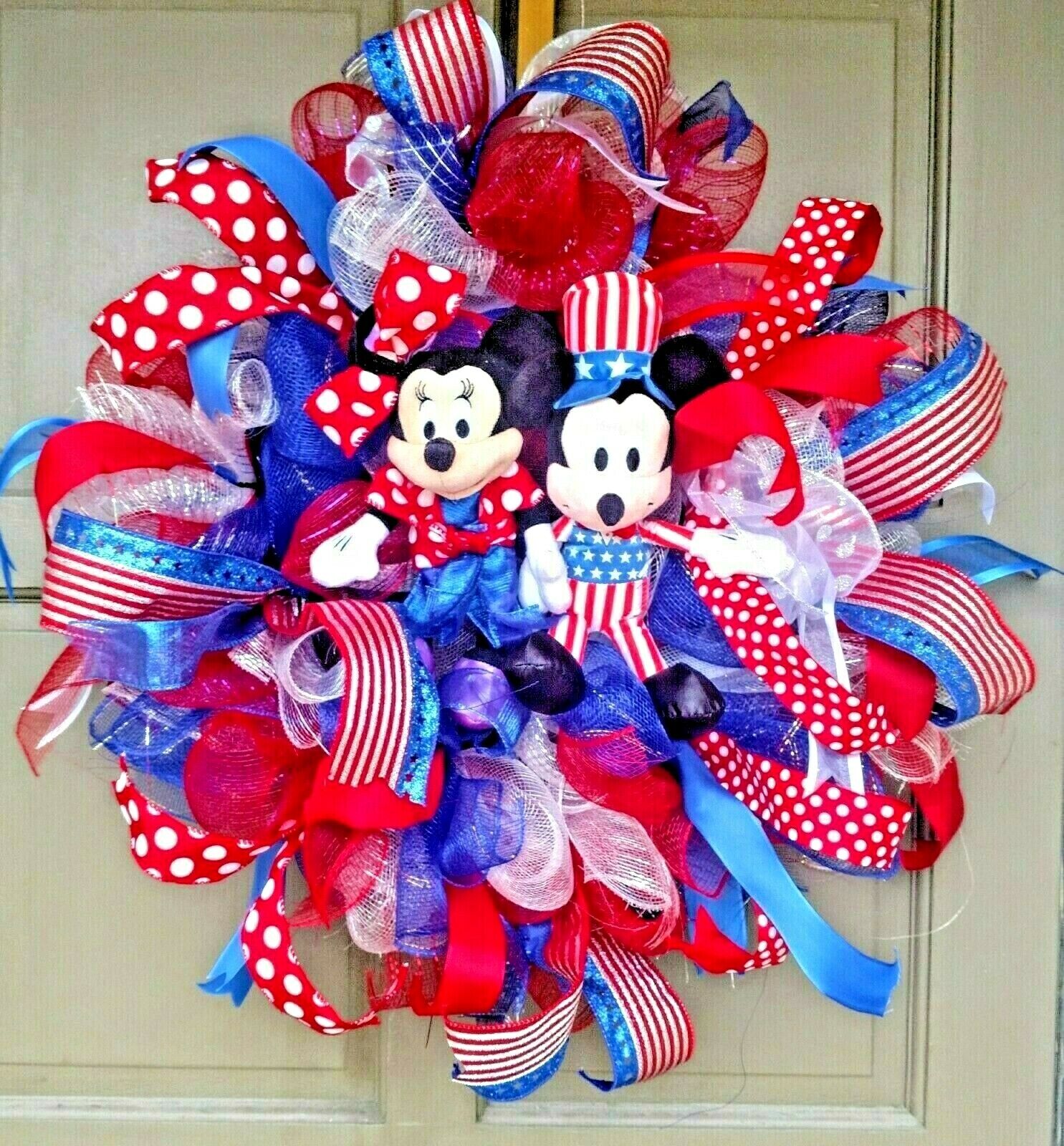 Large Handmade Patriotic Mickey and Minnie Mouse Door Wreath July 4th Decor 