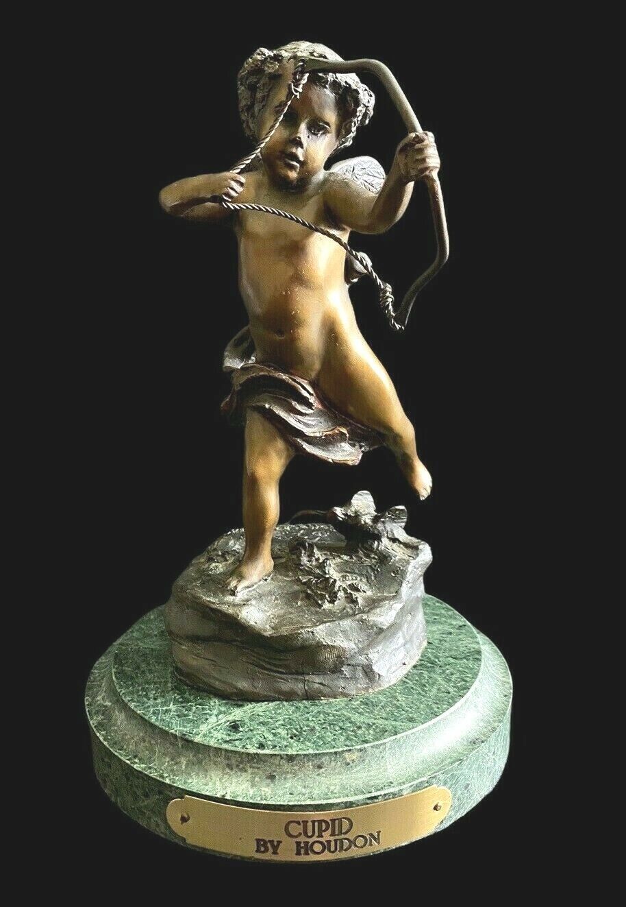 Cupid By Houdon Vintage Bronze Cupid Baby Angel Wings 1980 Signed Marble Base 9\