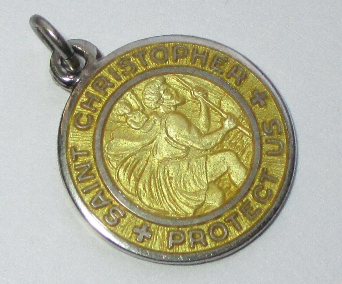 VINTAGE STERLING SILVER YELLOW ENAMEL INFINITY SAINT CHRISTOPHER MEDAL CHARM
