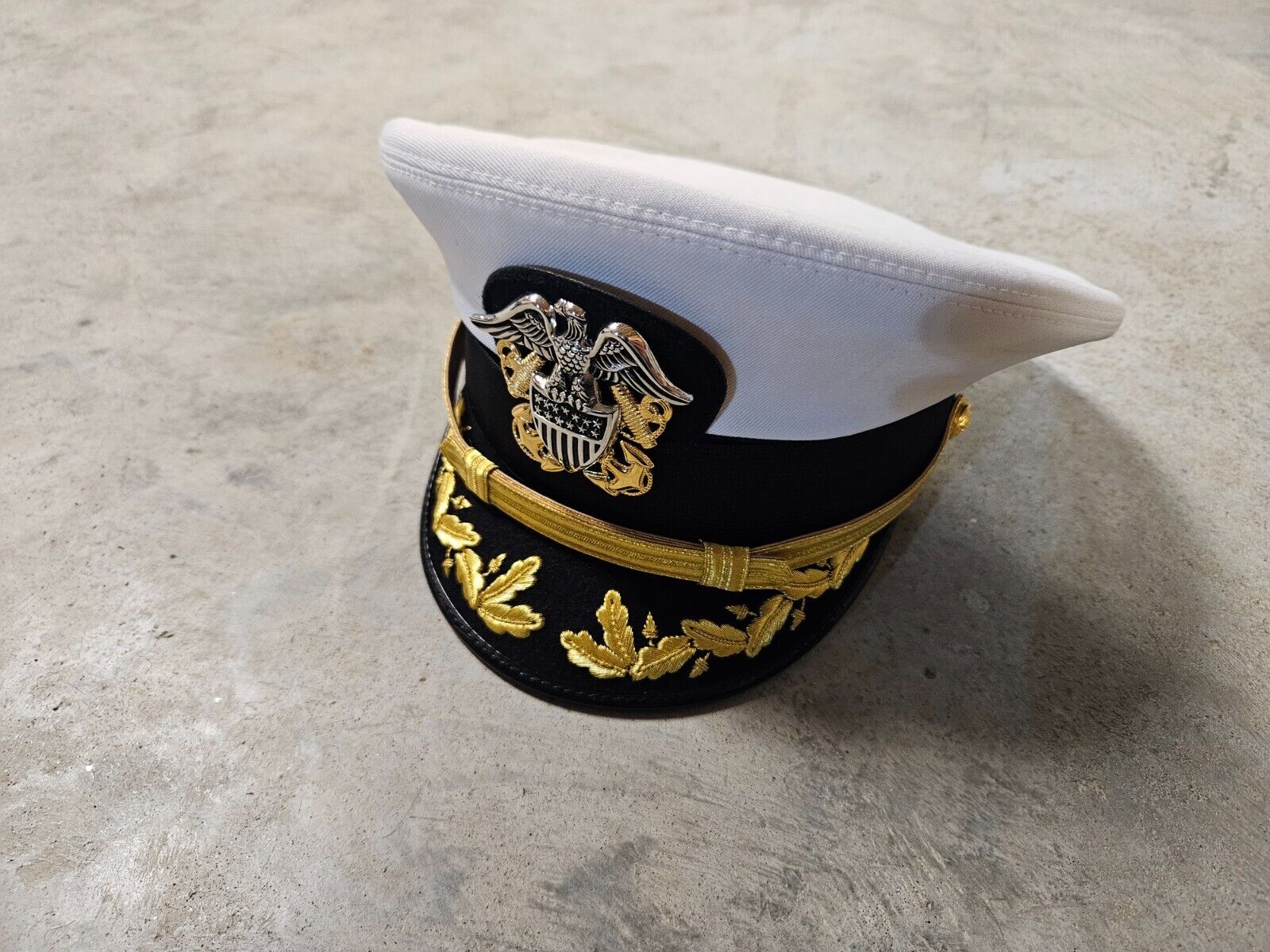 US Navy Officers Dress White Cap With Scrambled Eggs Size 7-1/8