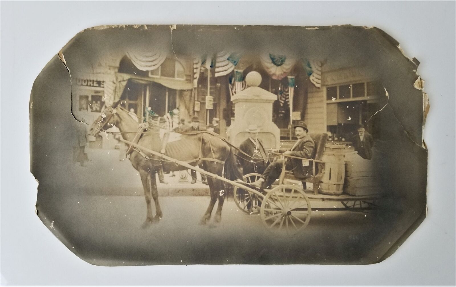1800s antique PHOTOGRAPH tinted PATRIOTIC american FLAGS HORSE BUGGY 11\