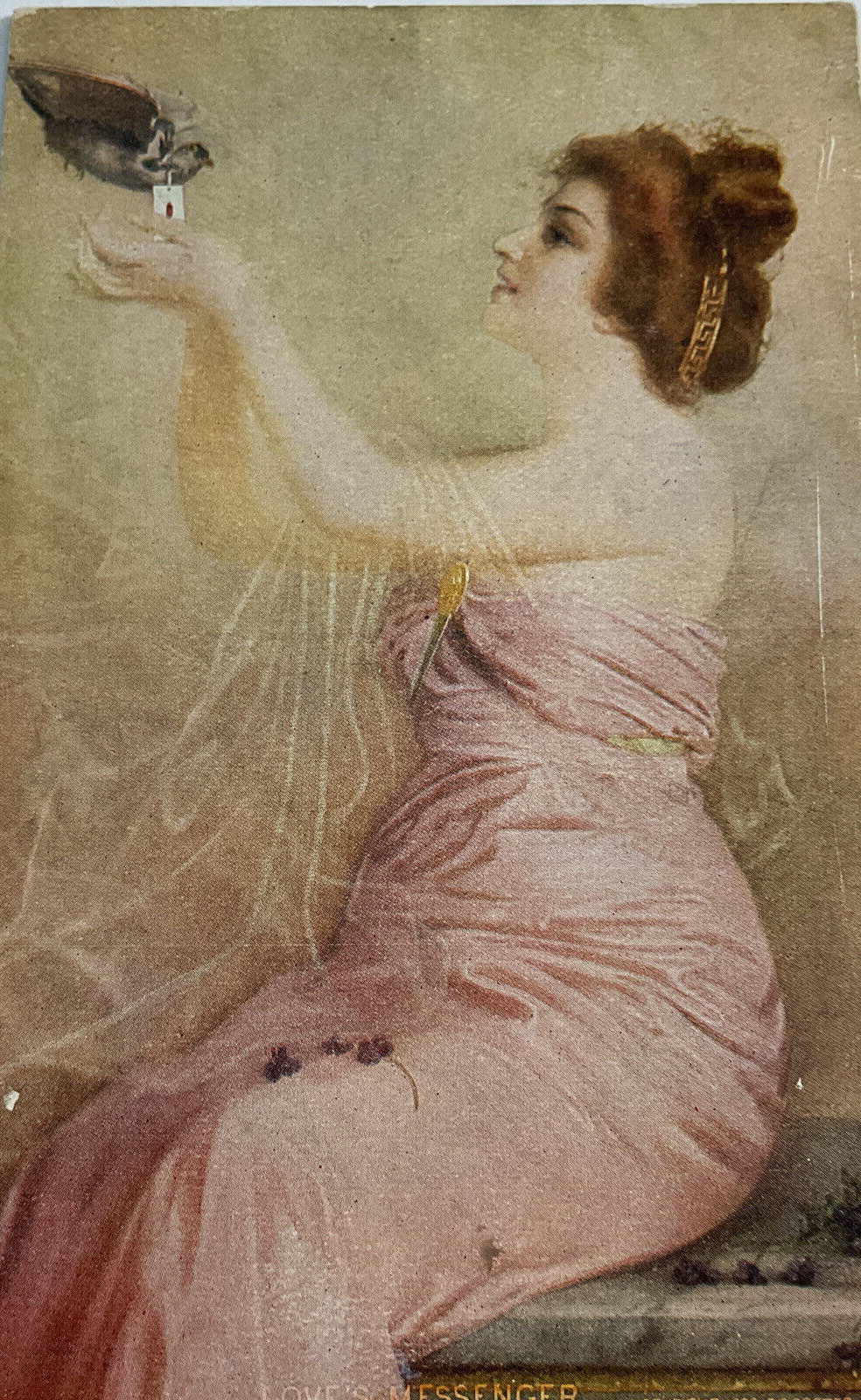 Antique Woman Postcard Glamour Dress Bird Loves Messenger SS Porter 1906 Chicago