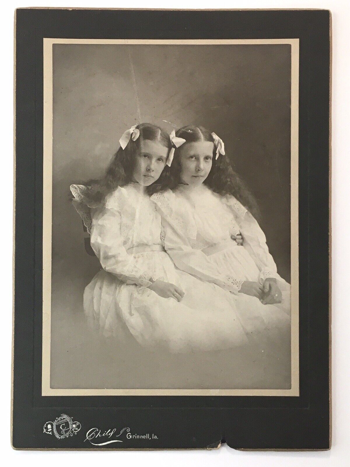 Antique Photo on Board Creepy Twin Girls with Long Hair & Bows Spooky Back Side