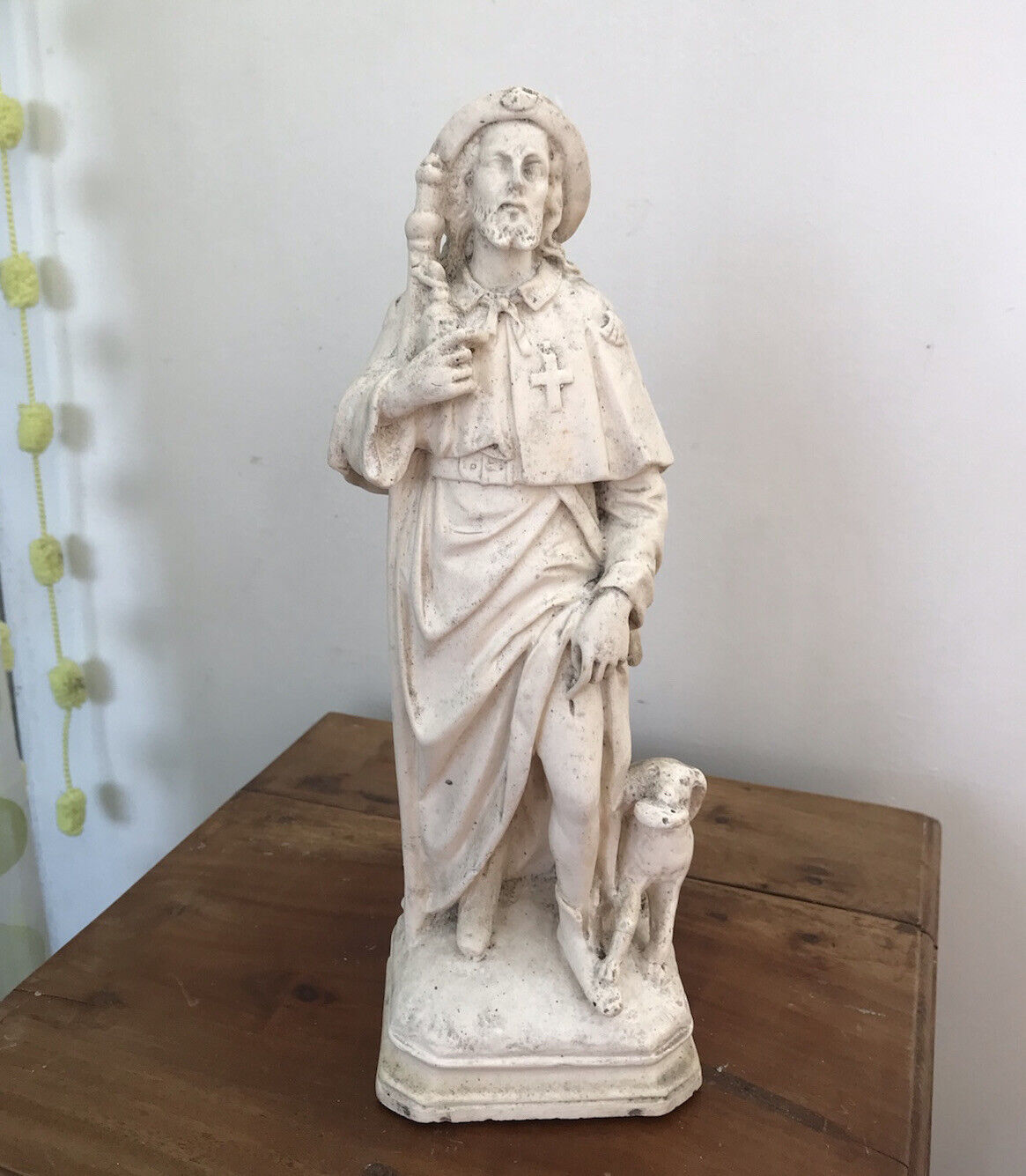 Saint Roch French Antique Statue 11 ½” 1800s St. Roche Off White 1800s
