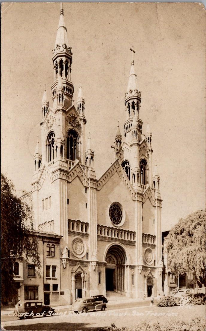 1948, Church of St. Peter & Paul, SAN FRANCISCO, California Real Photo Postcard