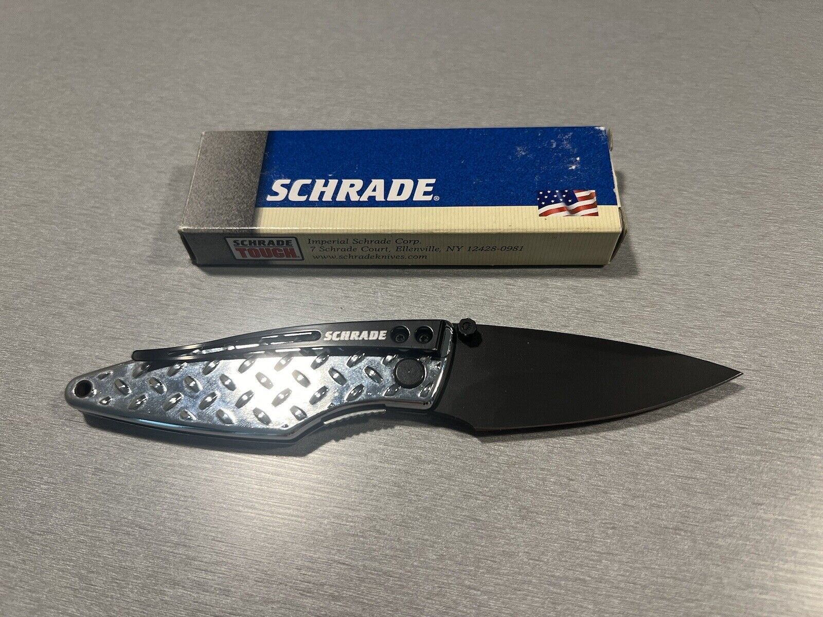 SCHRADE USA 4x4 Lockblade Knife SQ247 - NEW Diamond Plate 4 x 4 Chrome Rare 2004