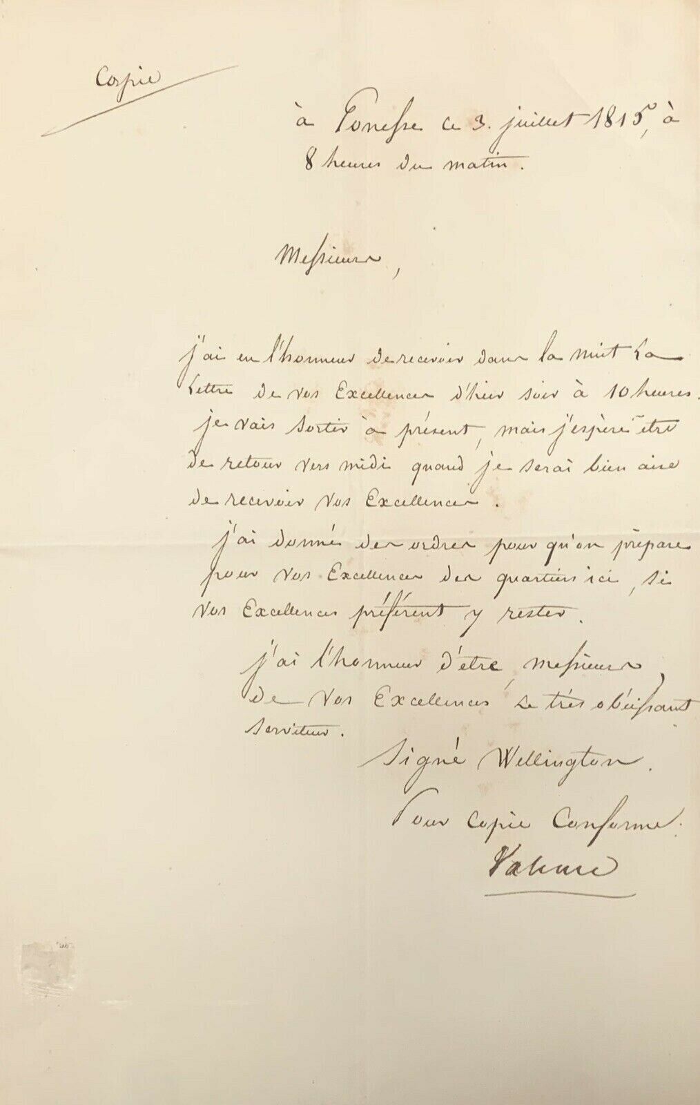 DUKE of WELLINGTON Copy of Letter on the Occupation of Paris July 3, 1815 