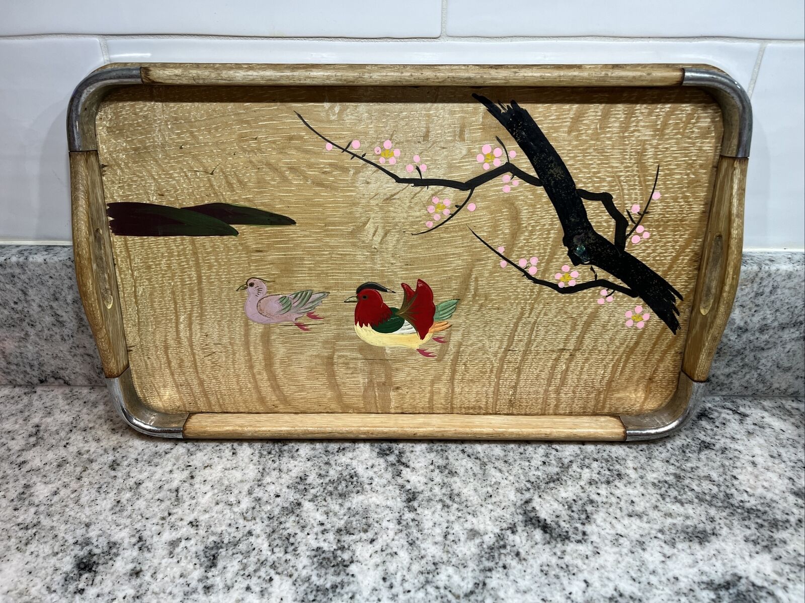 Vintage Wooden Tray Hand Painted Asian Duck Chicken Flowers ￼14 1/4” X 8 1/2”