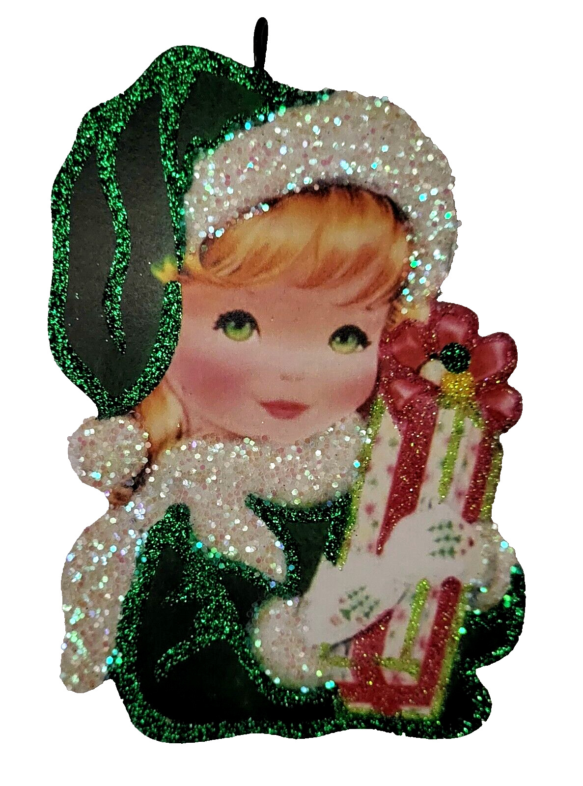 GIRL in GREEN HOLIDAY OUTFIT w GIFT BOX   Glitter  CHRISTMAS ORNAMENT *  Vtg Img