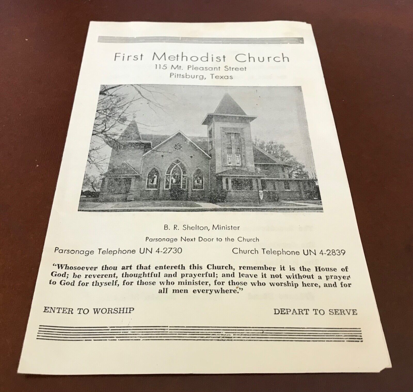 VTG Church Bulletin, 1957...First Methodist Church, Pittsburg, Texas