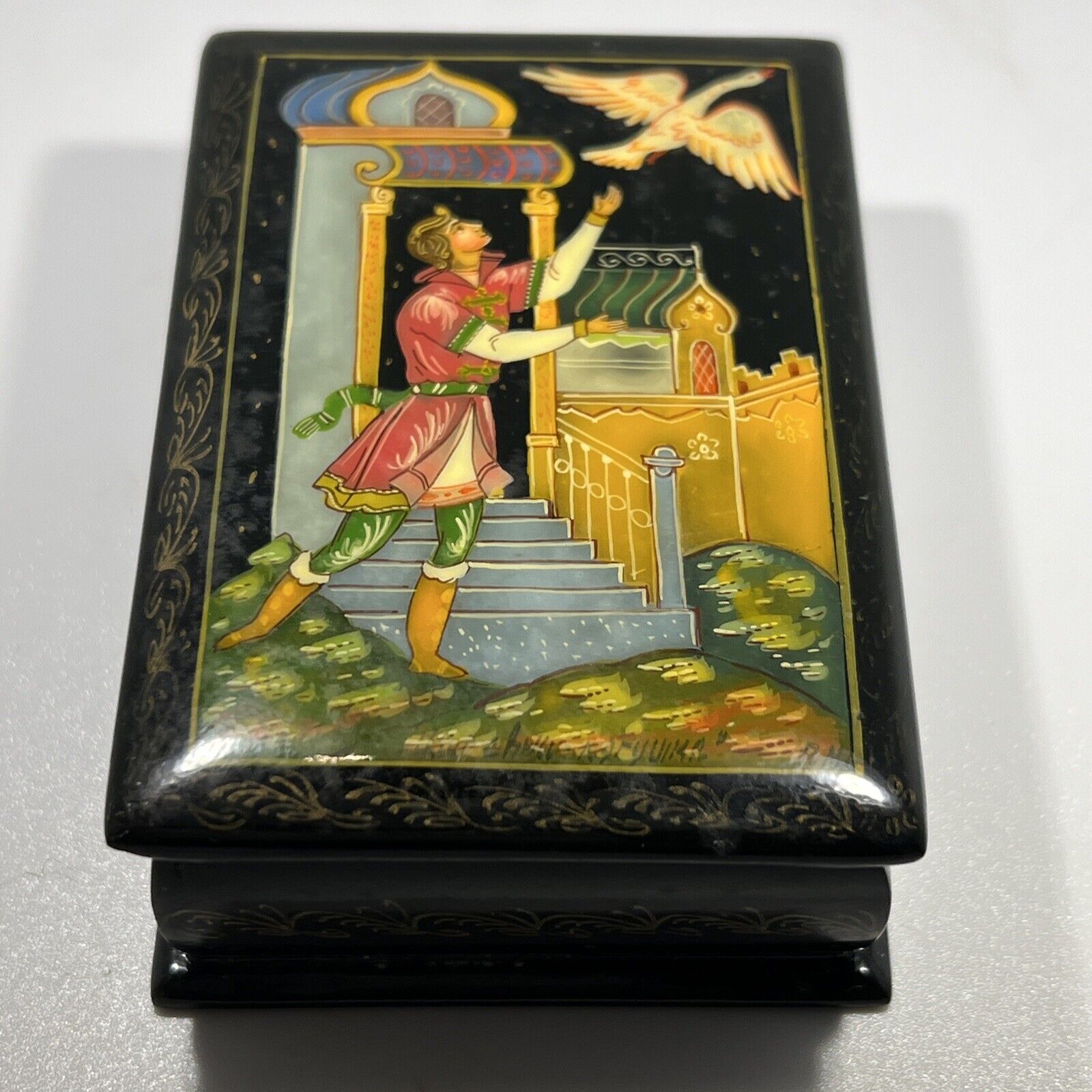 Vintage  Russian Lacquer Box Hand Painted Man Releasing Bird 3 1/2”X2 1/2”