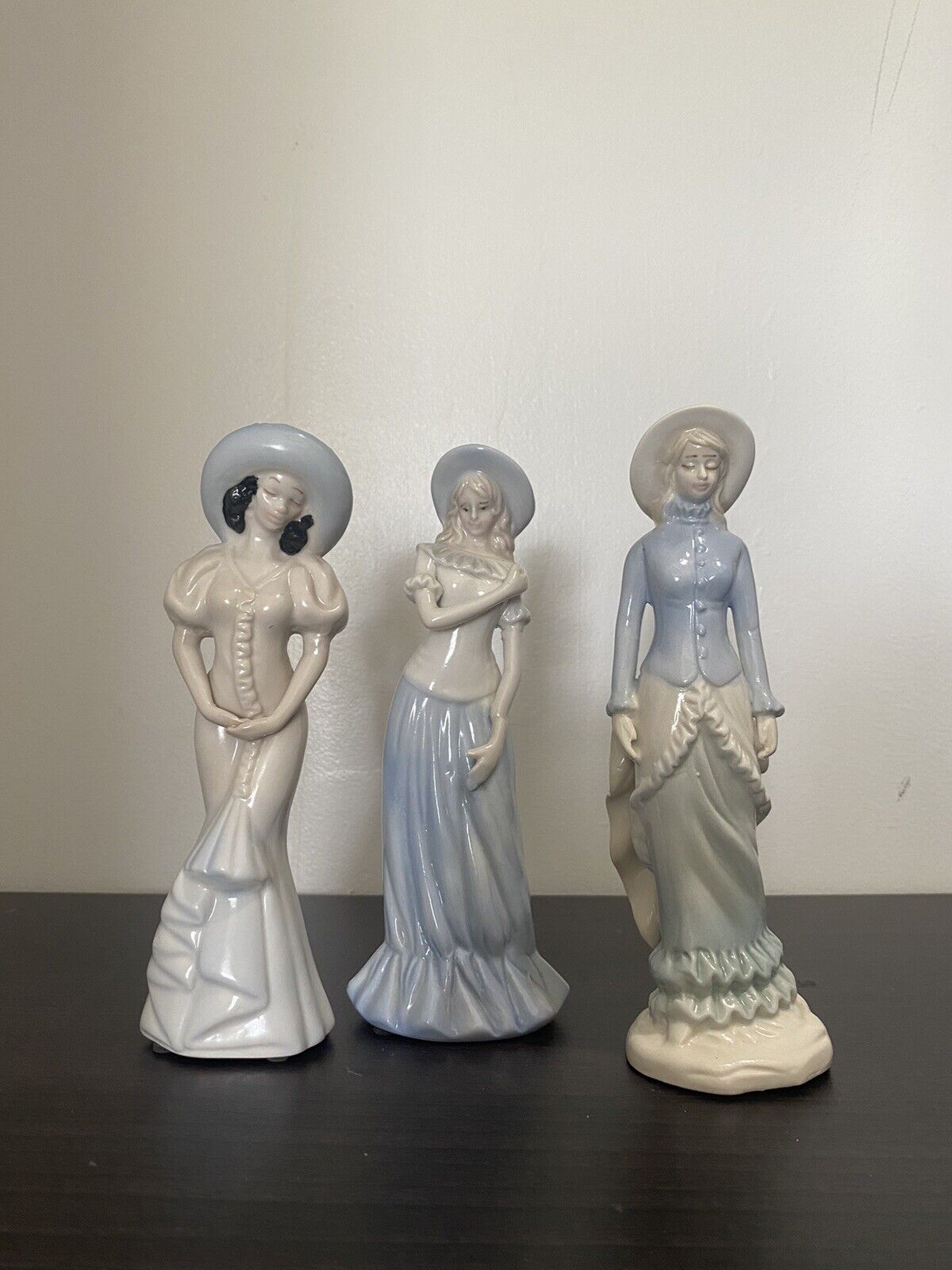 Lot 3 Vintage Baby Blue Porcelain Collectible Figurine Glazed Ladies Victorian