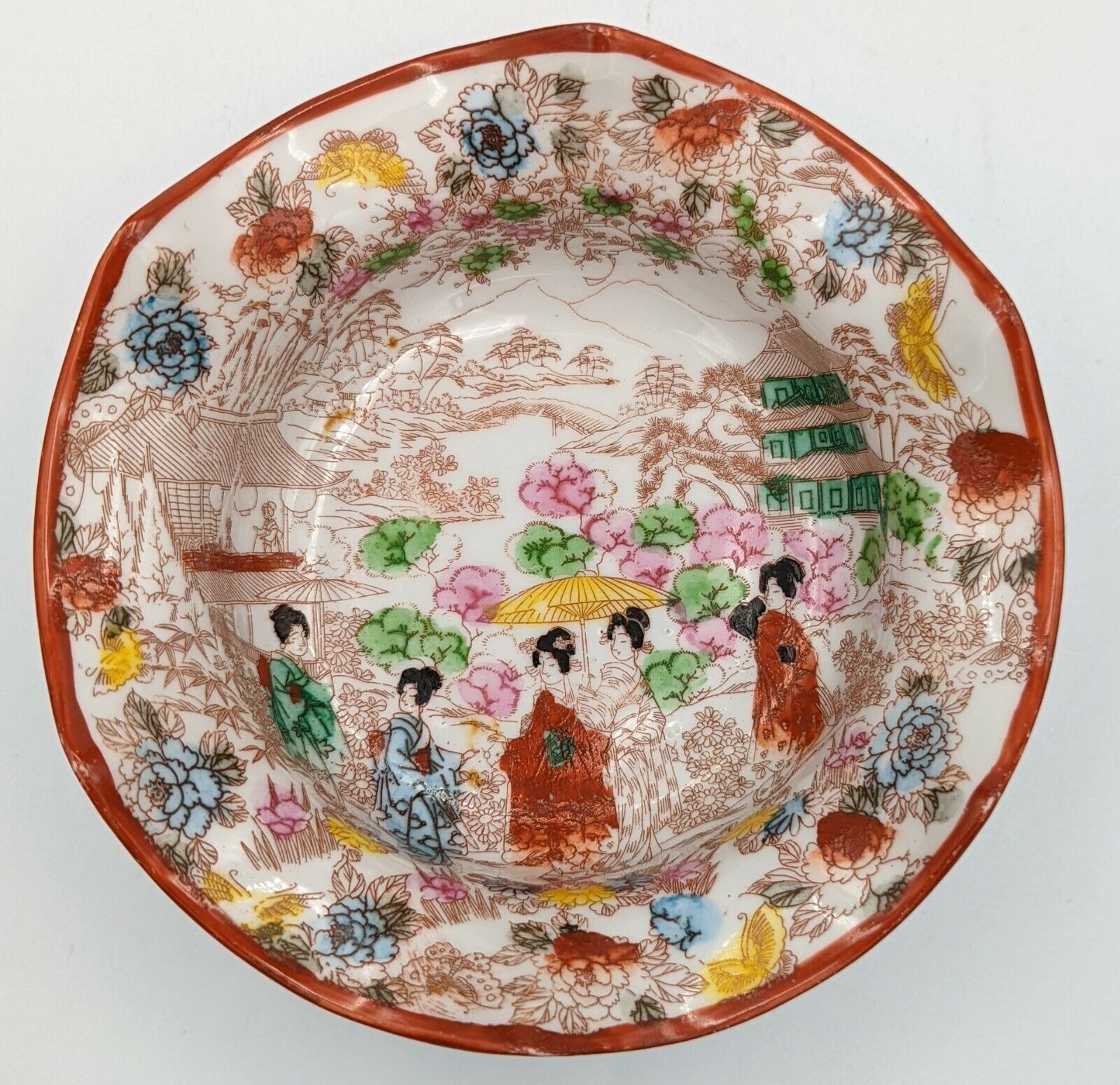 Hand Painted Japanese Kutani Bowl Porcelain w Ruffled Edge Vintage Berry 