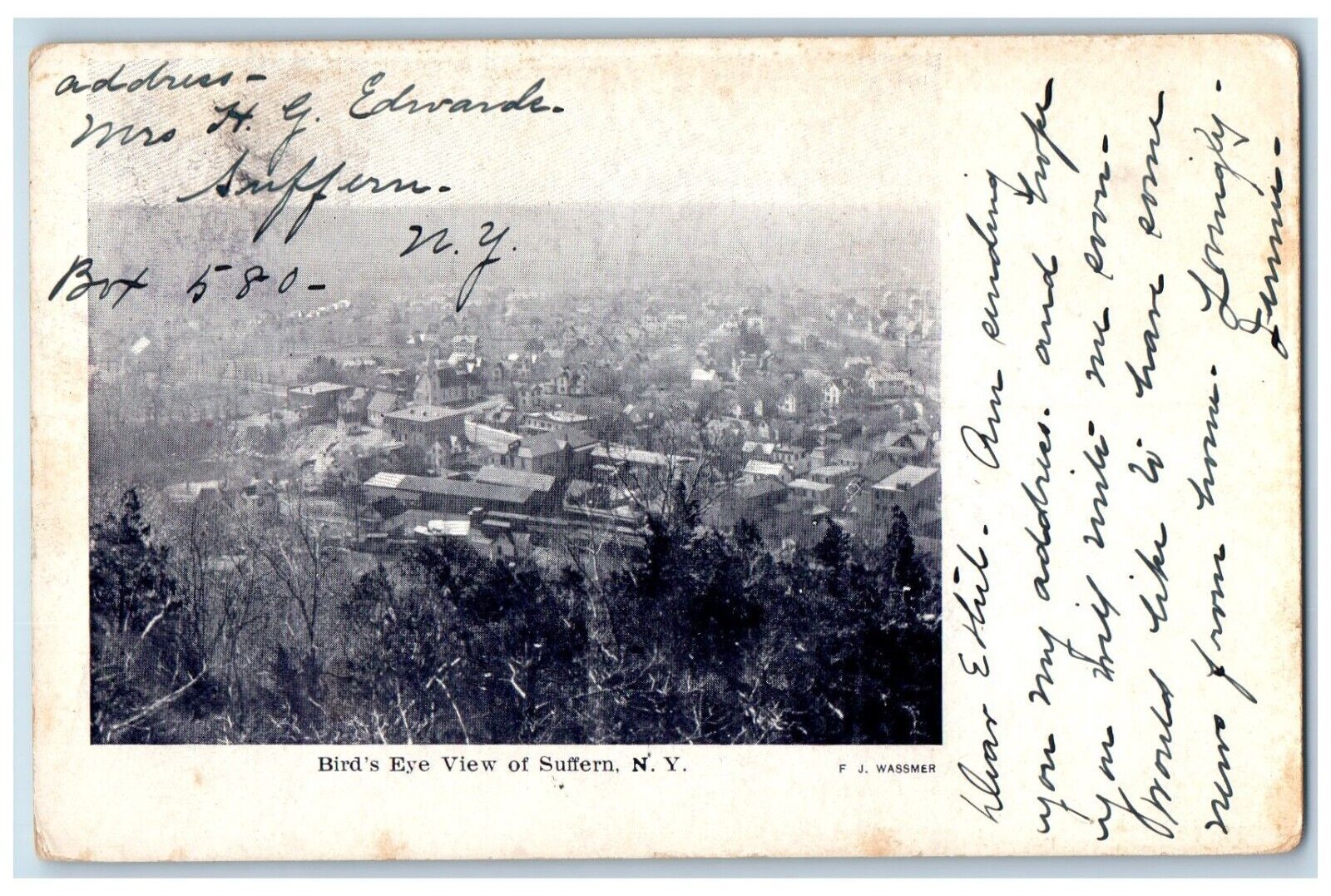 1906 Bird\'s Eye View Of Suffern New York NY F. J. Wassmer Antique Postcard