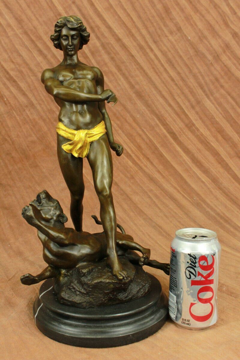 Art Deco/Nouveau Nude Male Warrior With Lion Bronze Sculpture Figurine Decorativ