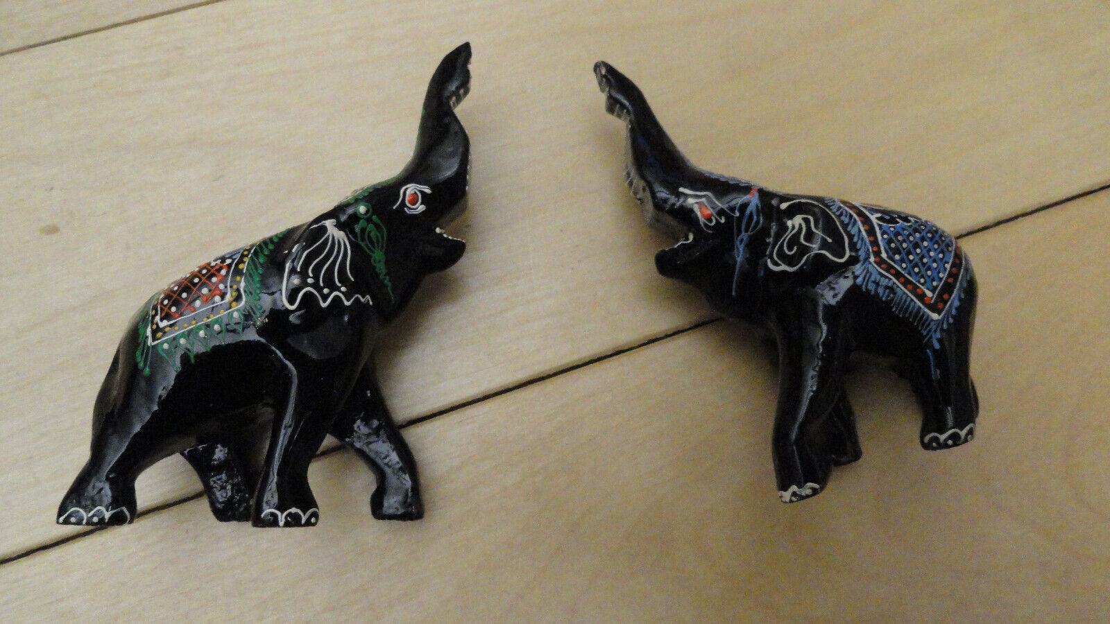 Pair 2 Black Lacquered Miniature Elephant Hand Painted 3” tall Trunks Up