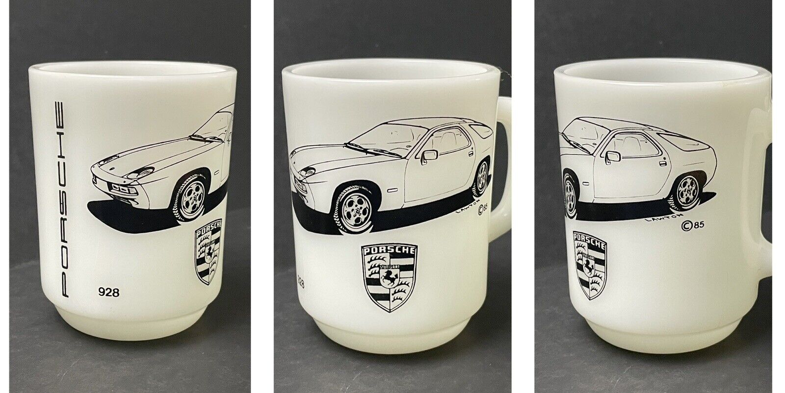 Vintage Rare Porsche 928 Sports Car Anchor Hocking Milk Glass Mug USA - Unused